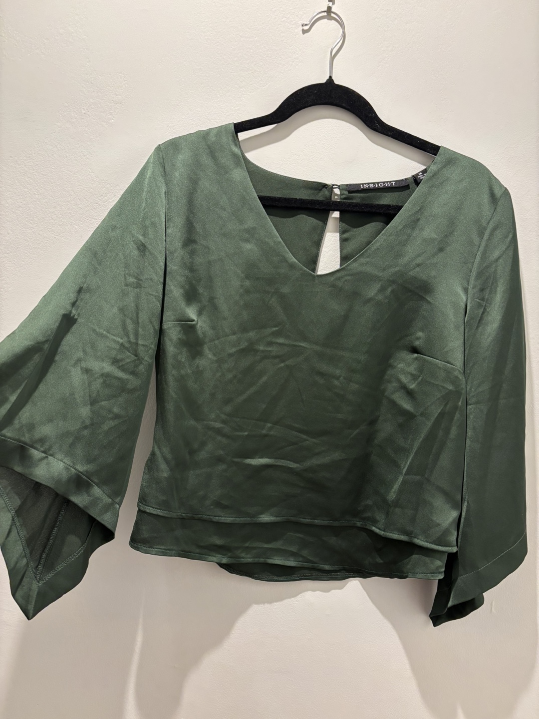 Dark Green Satin Bell Sleeve Blouse