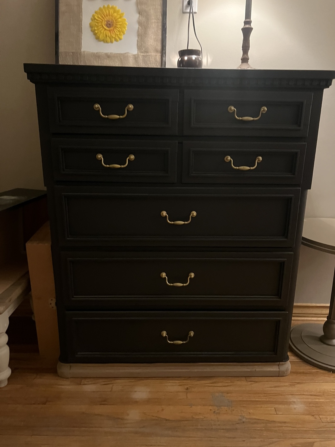 Dark-stained tall dresser with five drawers