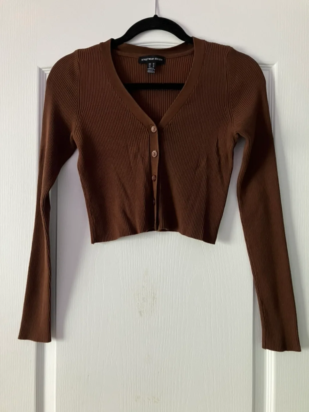 Brown ribbed cropped cardigan thumbnail