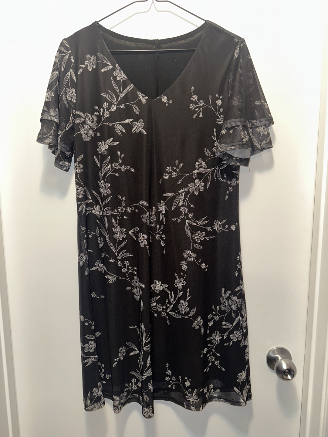 Black and White Floral Flutter Sleeve Mini Dress