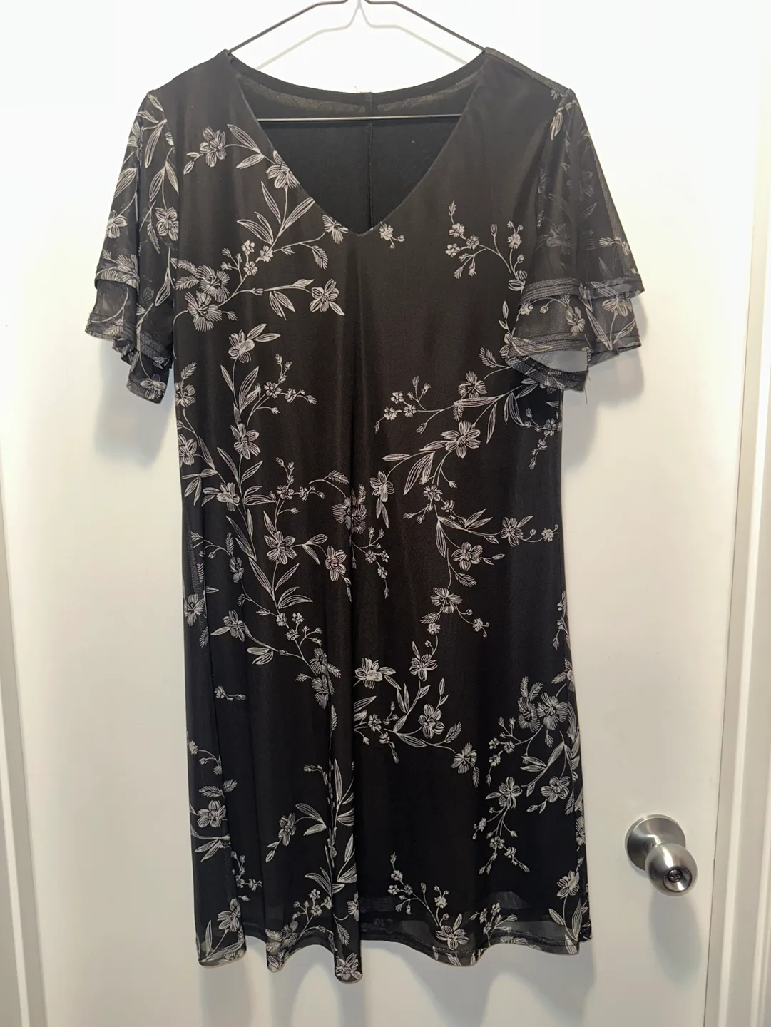 Black and White Floral Flutter Sleeve Mini Dress