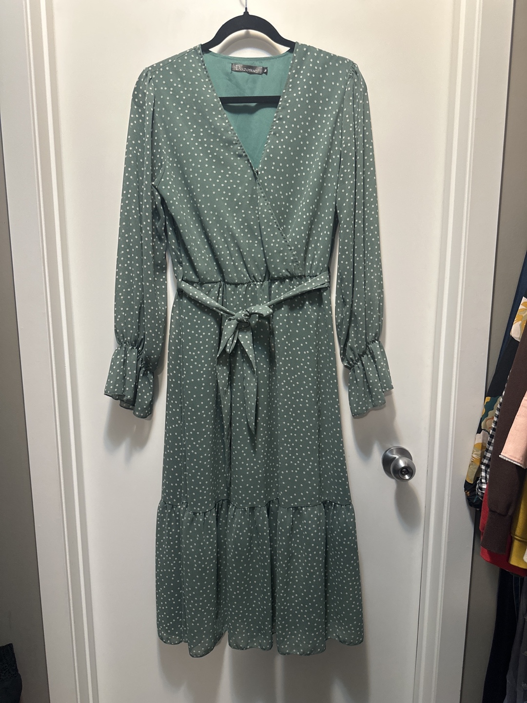 Sage Green Polka Dot Midi Dress with Sleeves