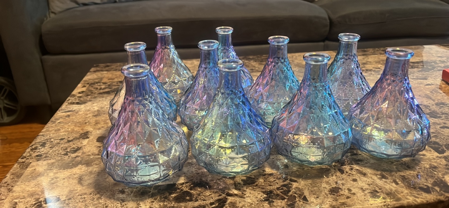 Set of 12 iridescent glass vases