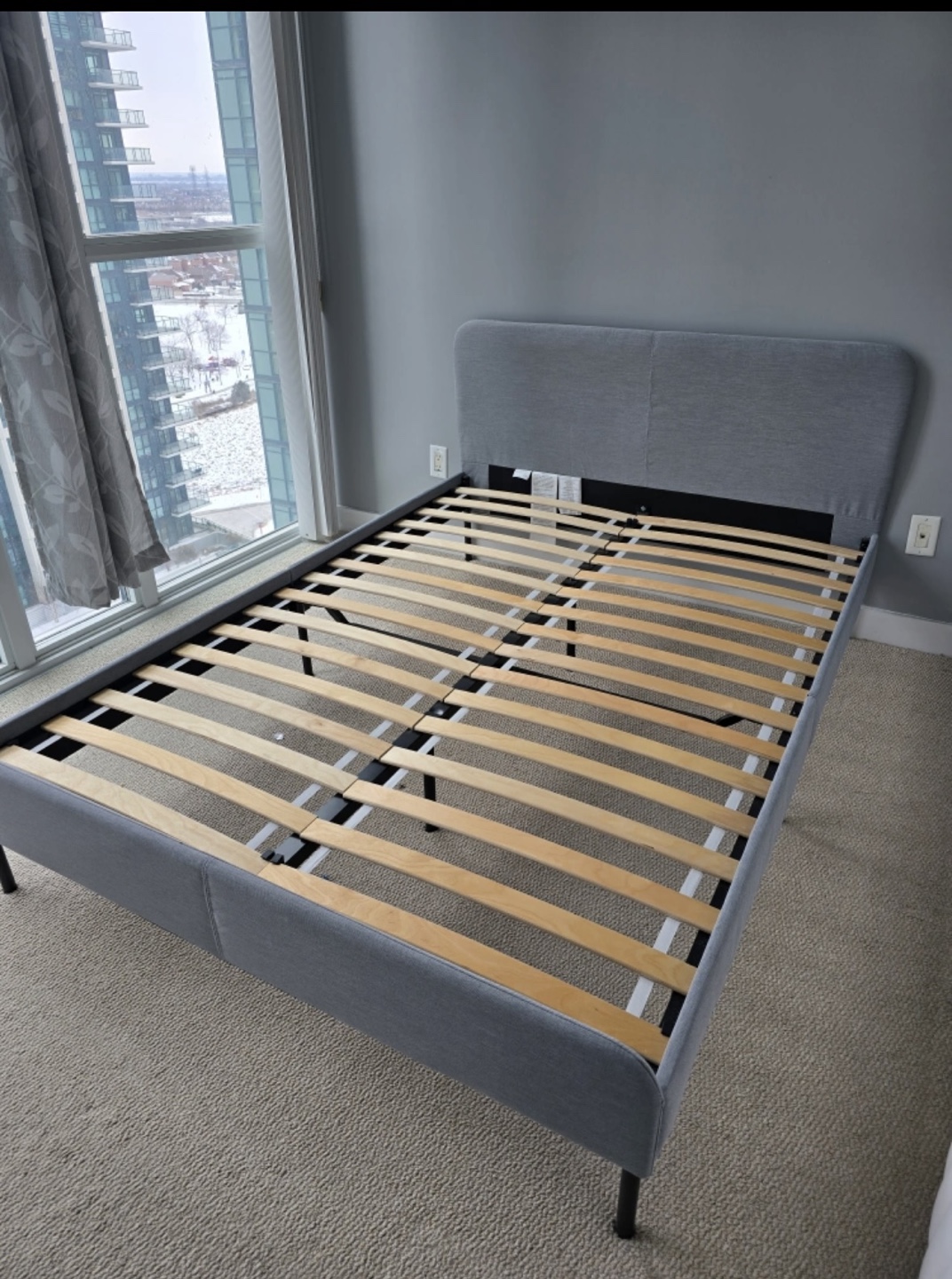 Queen-size Grey Fabric Bed Frame with Slats - photo 2