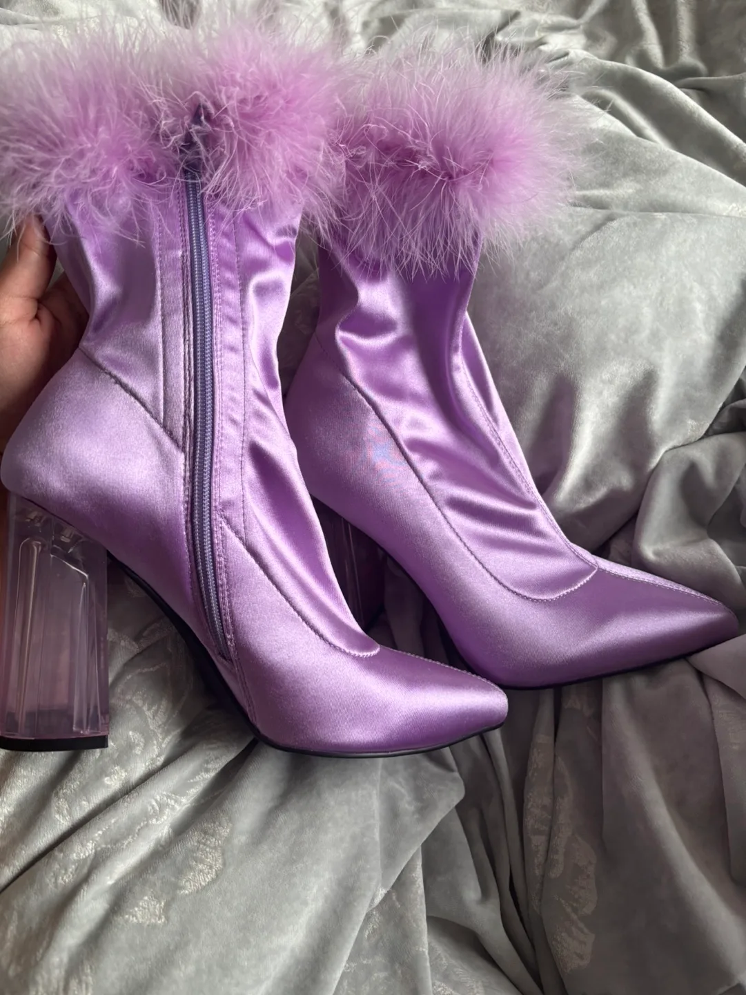 Dolls Kill Lavender Purple Satin Heels - Feathers & Clear Heels thumbnail