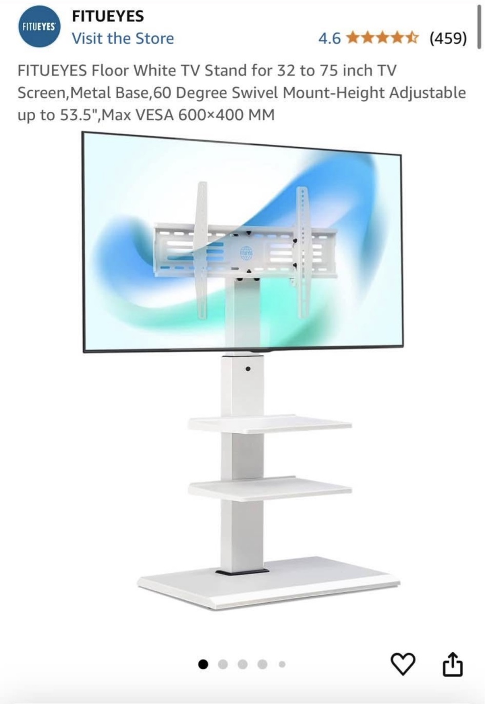 FITUEYES White TV Stand with Shelves - Adjustable Height