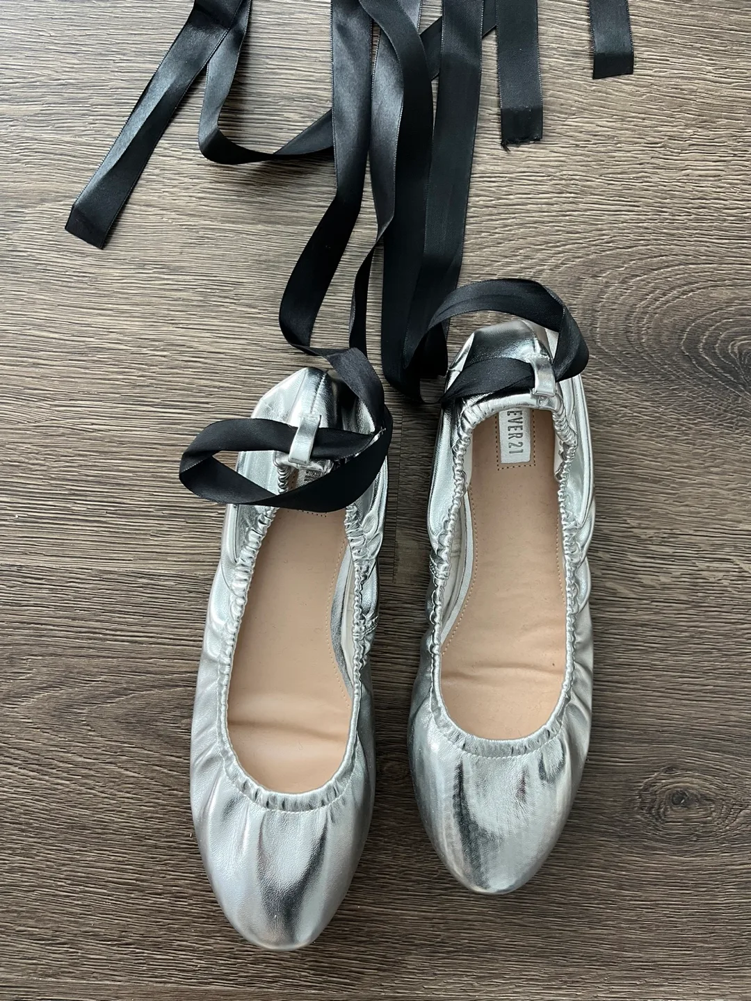 Silver Metallic Ballet Flats with Black Ribbon Ties image indicator(3)