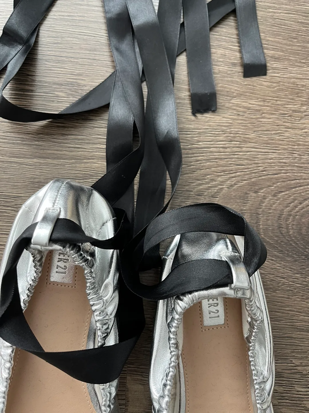 Silver Metallic Ballet Flats with Black Ribbon Ties image indicator(2)