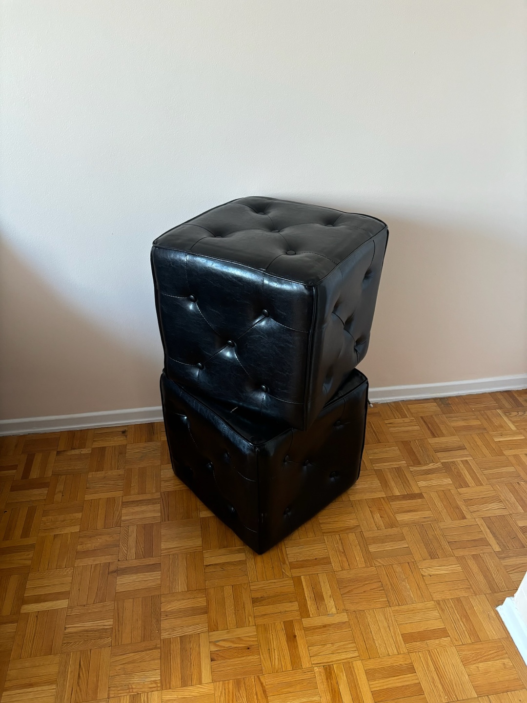 Pair of Black Leatherette Cube Ottomans