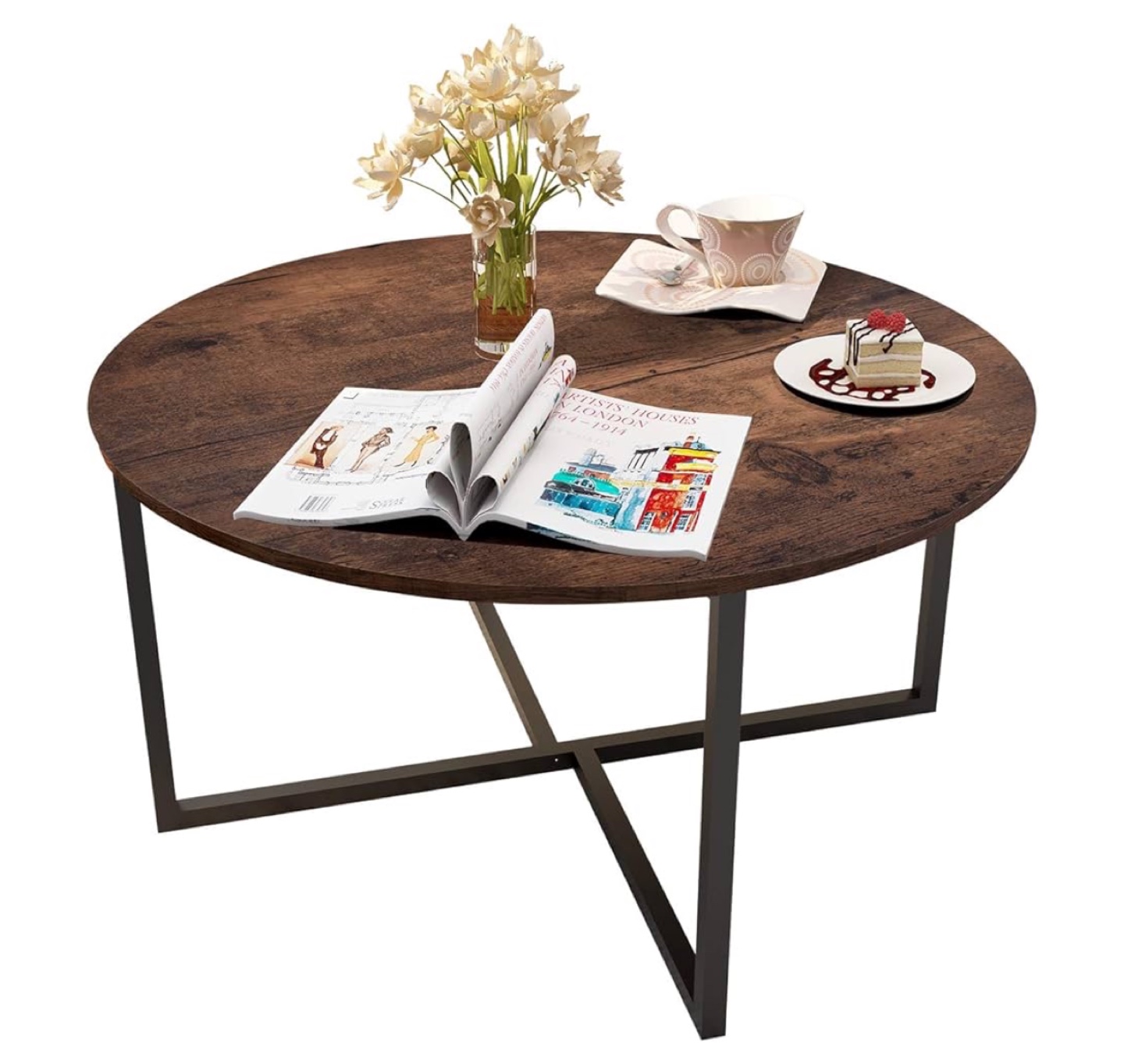 Round Coffee Table with X-Base Metal Frame