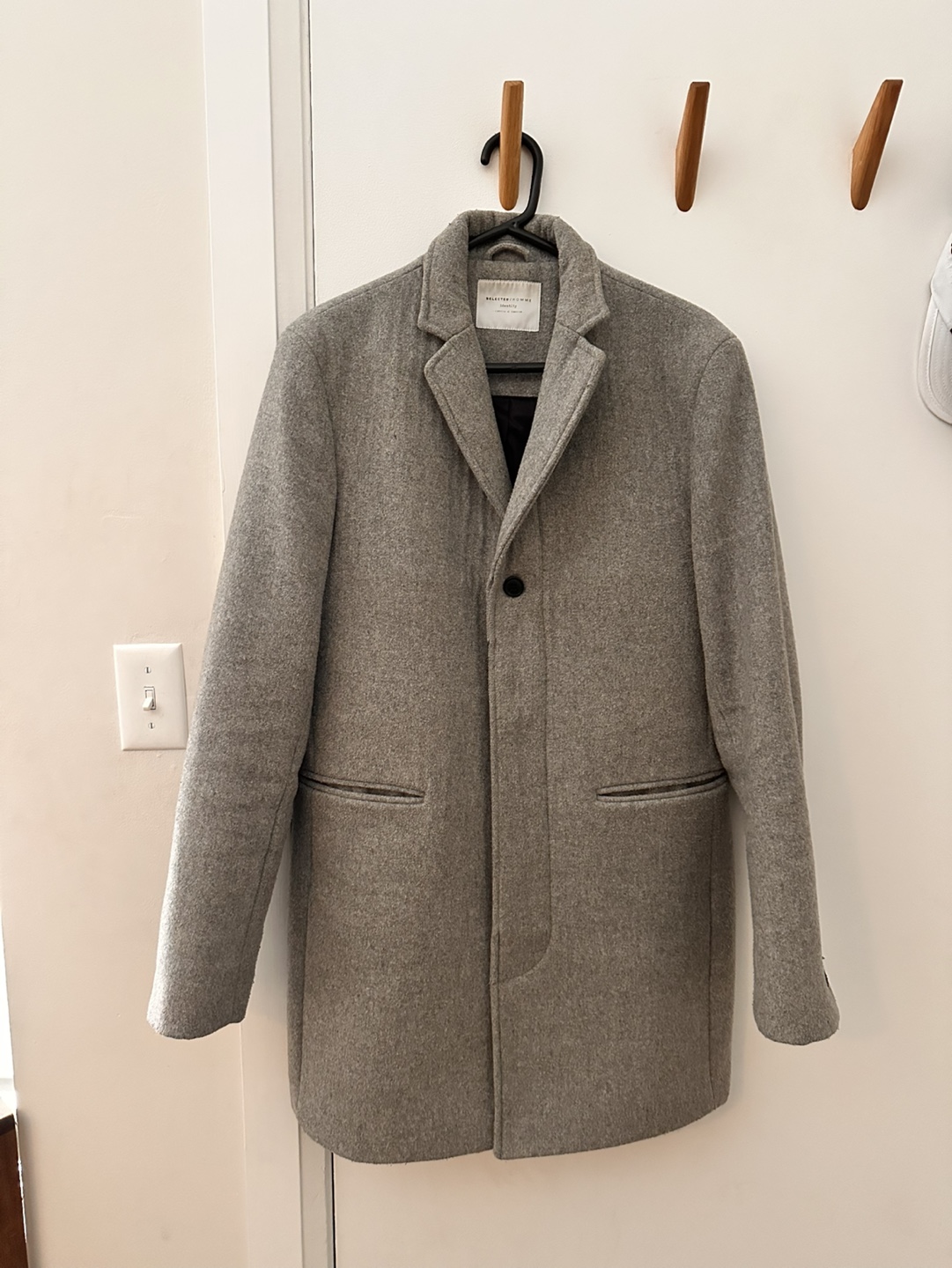 Men's Grey Wool Coat with Panther Patch