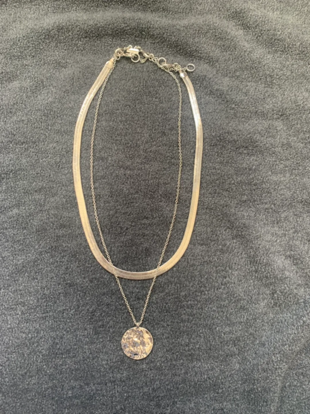 Silver Layered Necklace with Hammered Pendant thumbnail
