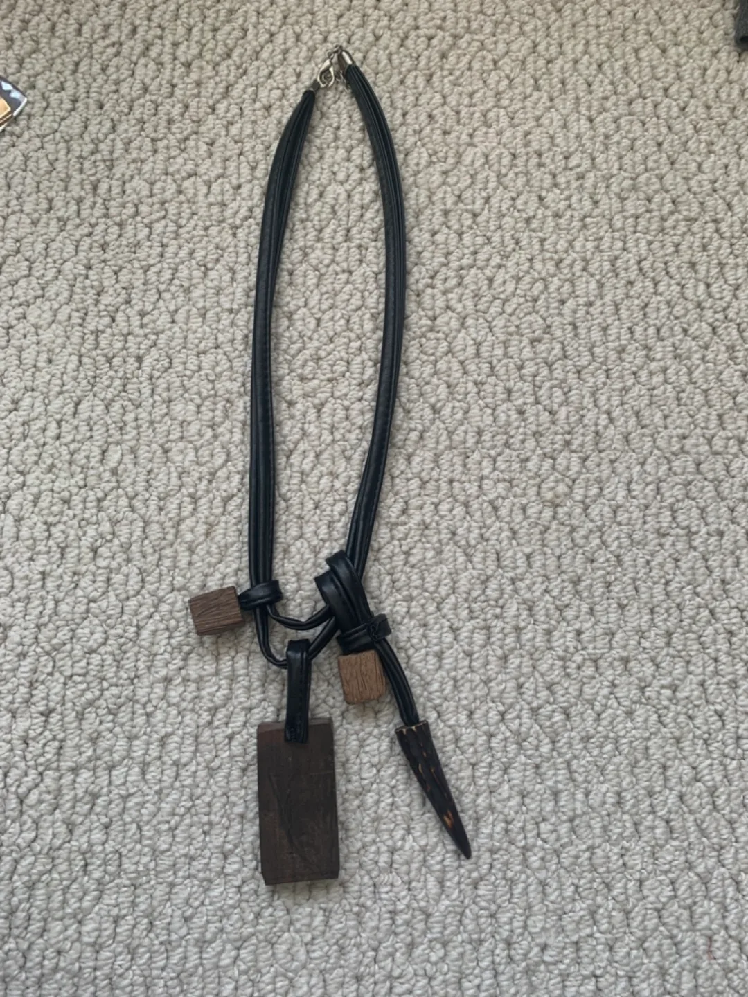 Unique Wooden and Leather Statement Necklace thumbnail