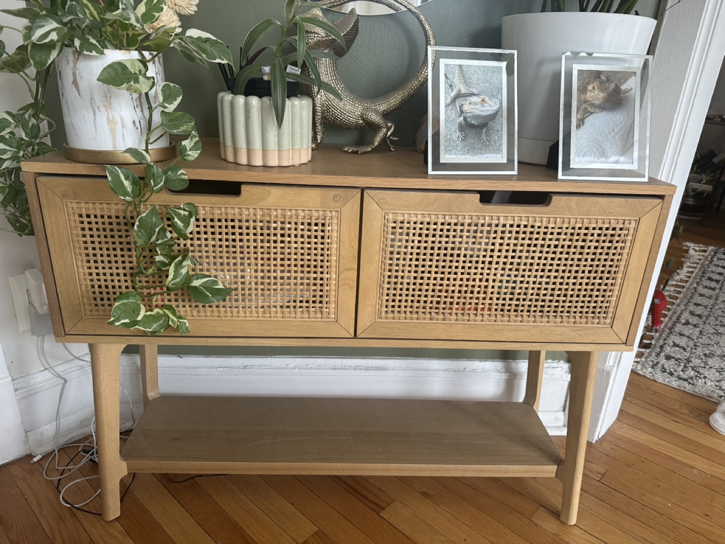 Wooden Console Table with Rattan Doors and Shelf