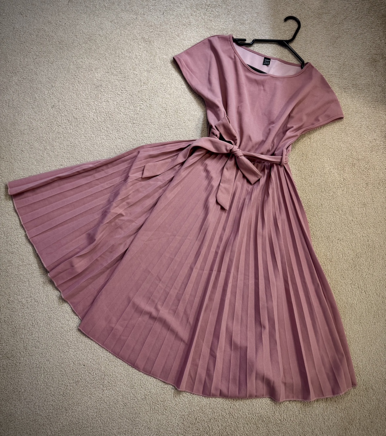 Dusty Rose Pleated Midi Dress with Belt