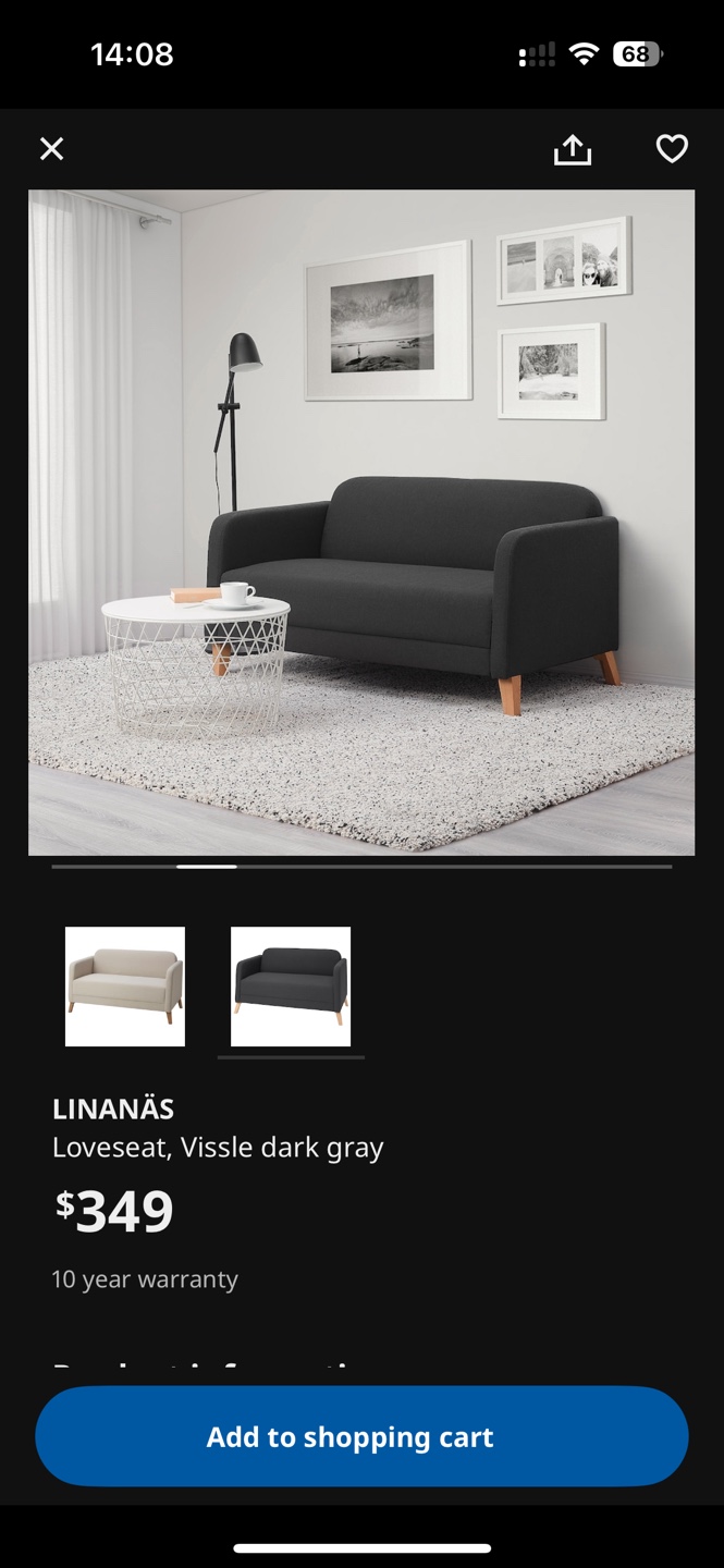 IKEA LINNANÄS Loveseat - Dark Grey