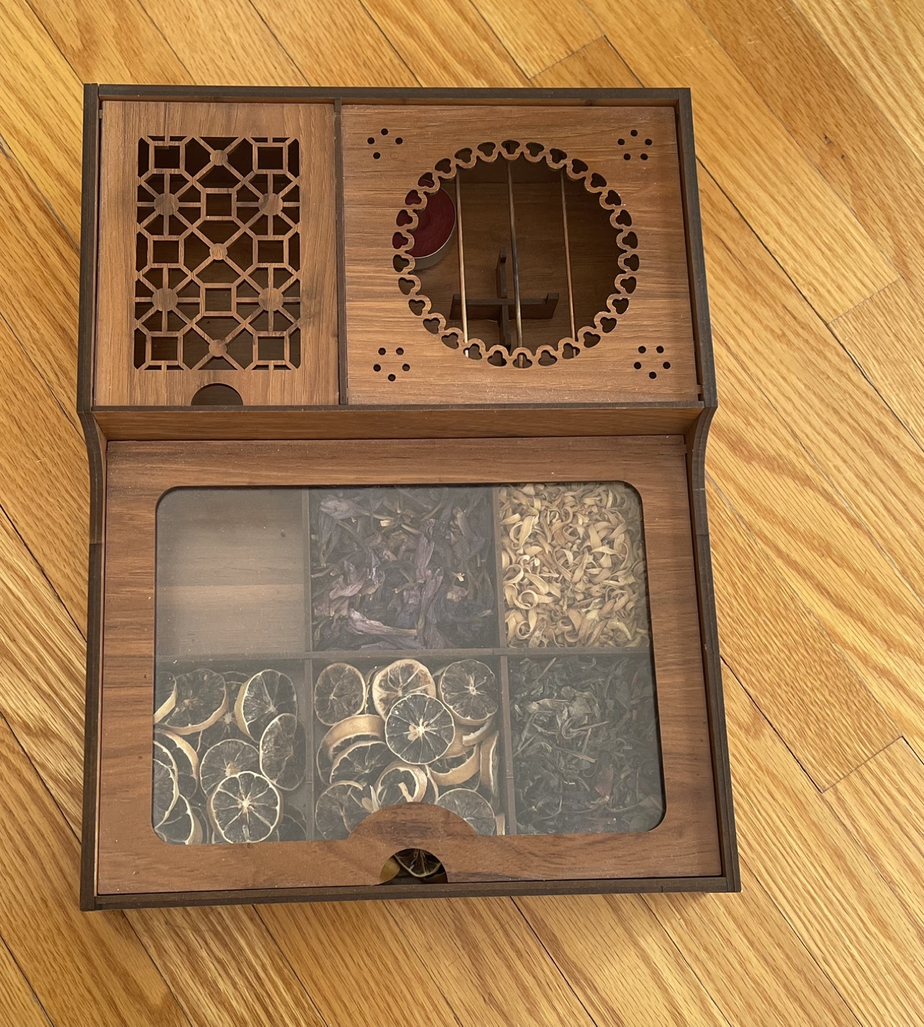 Wooden Tea Box with compartments & candle holder