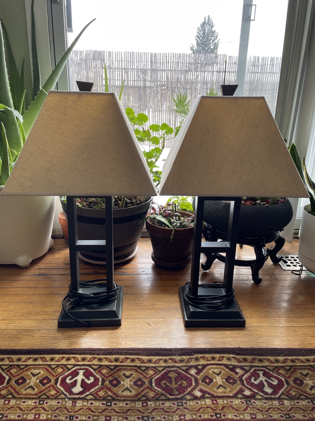 Pair of Dark Grey Table Lamps with Beige Shades