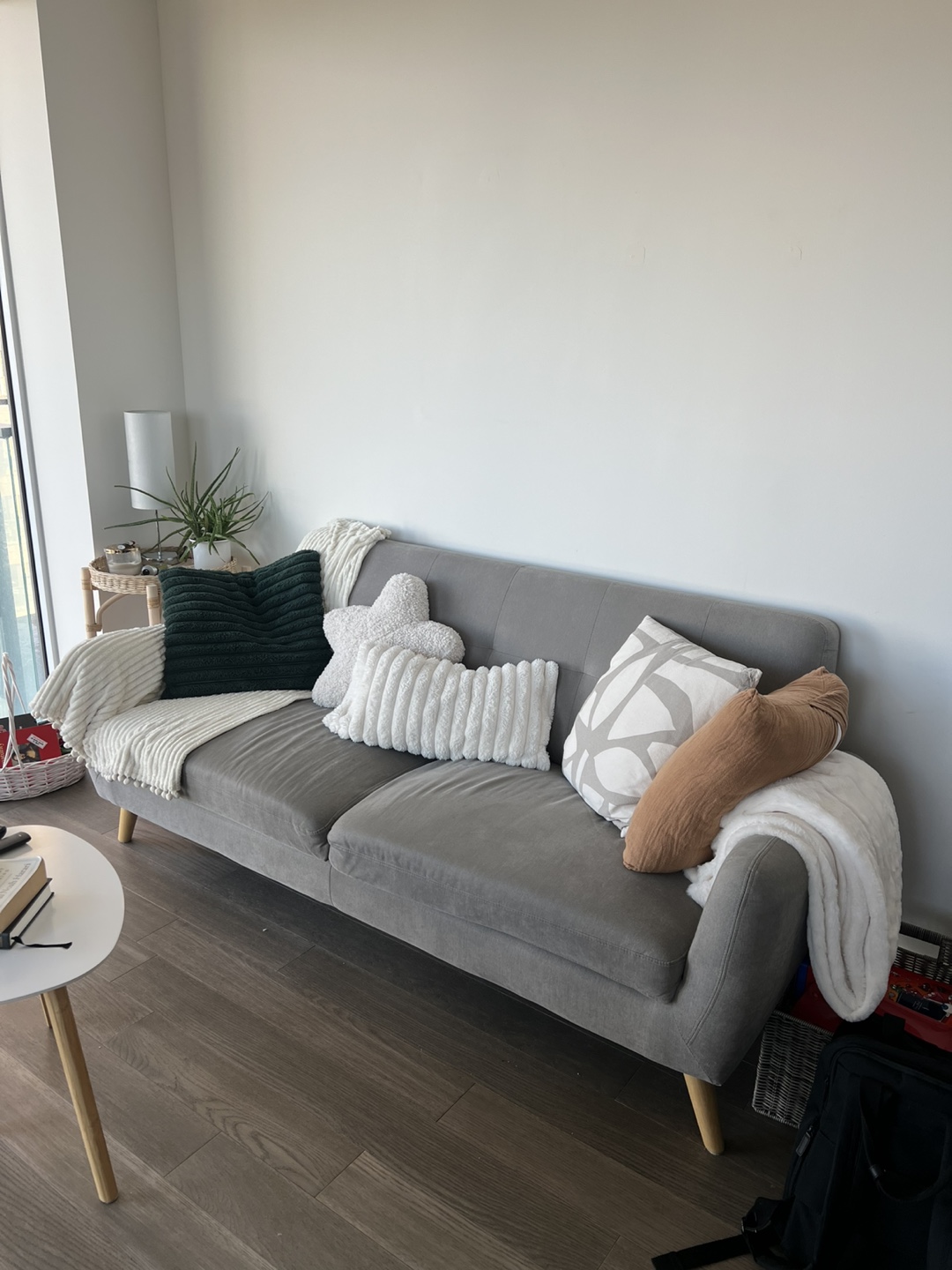 Grey Fabric Sofa with Wooden Legs