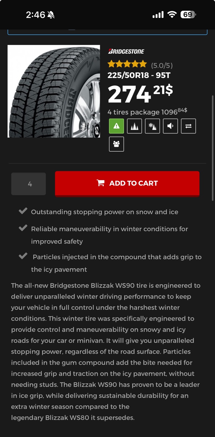 225/50R18  Bridgestone Blizzak WS90 Winter Tires - Used - photo 5