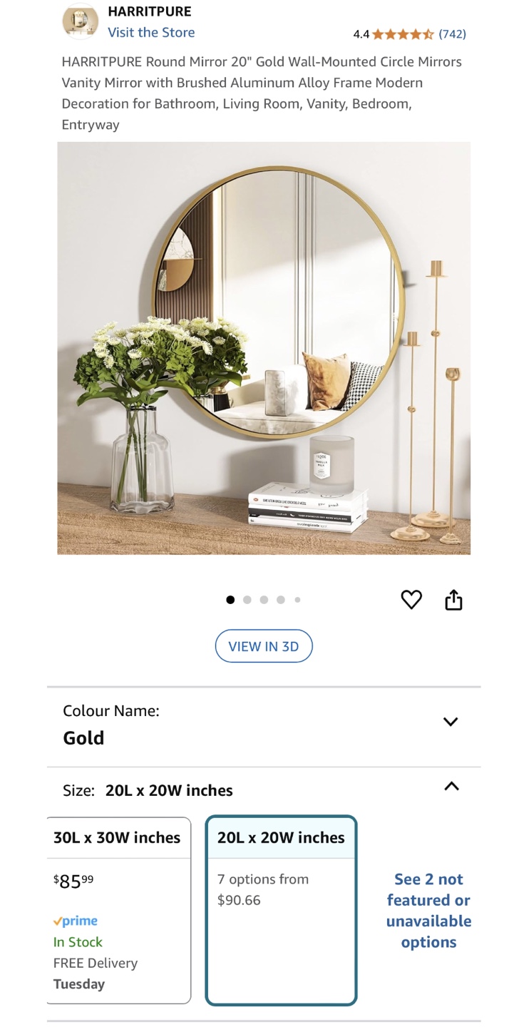 HARRITPURE 20" Gold Round Wall Mirror - photo 2