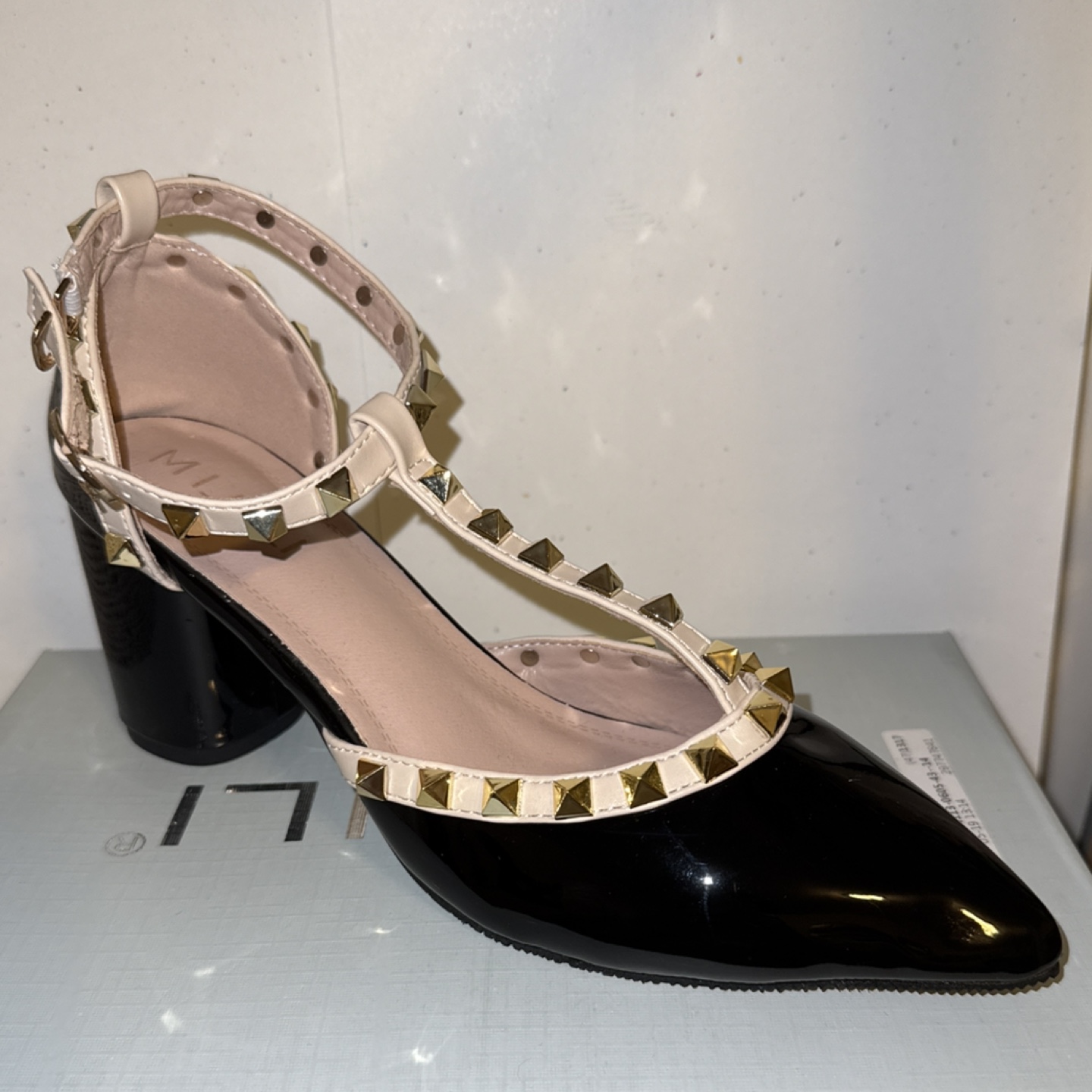 Black and Beige Studded Heels