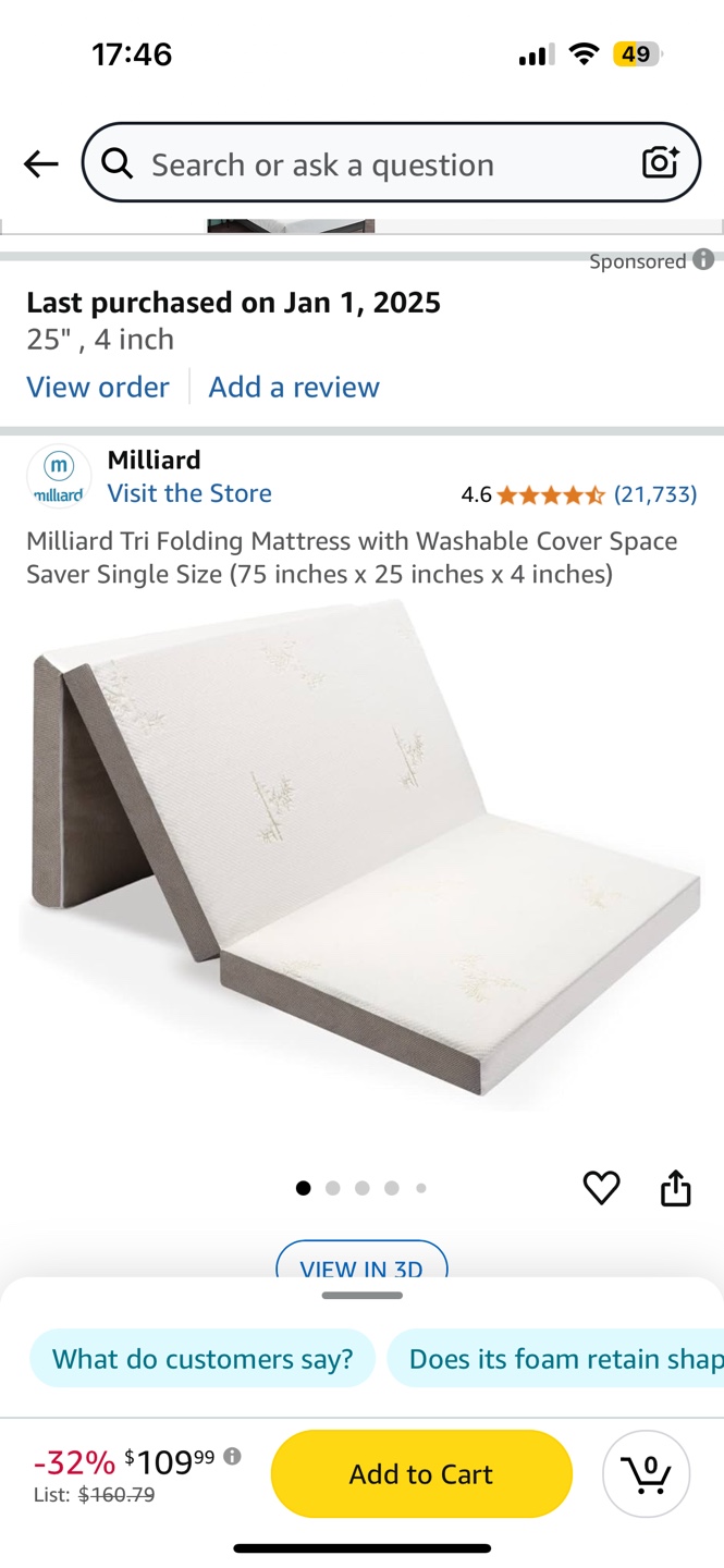 Milliard Tri-Fold Mattress - Single Size
