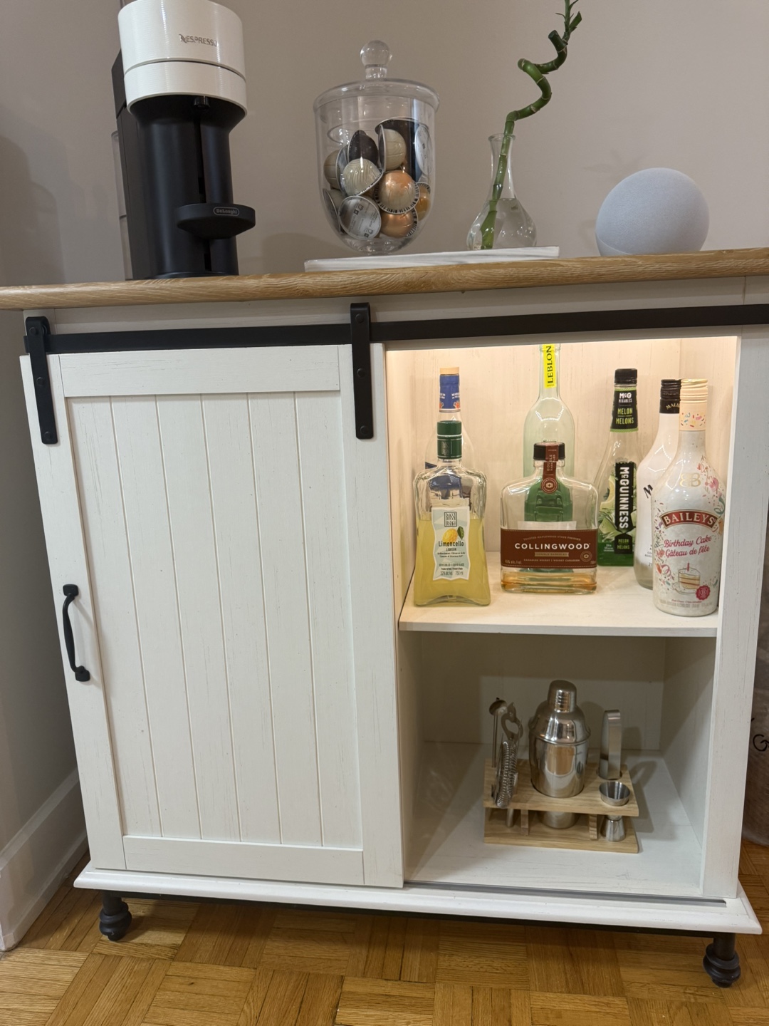 White and Oak Bar Cabinet with Sliding Door