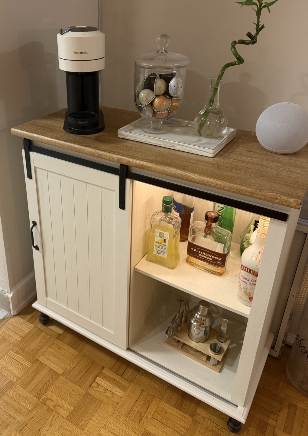 White and Oak Bar Cabinet with Sliding Door - photo 2