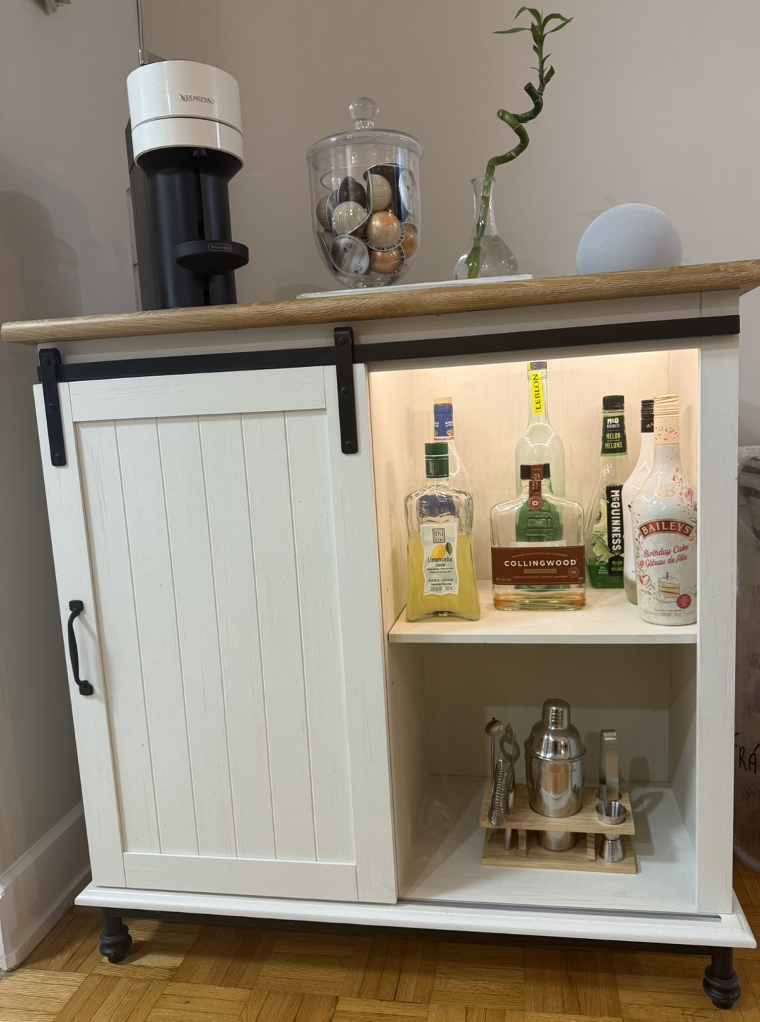 White and Oak Bar Cabinet with Sliding Door - photo 3