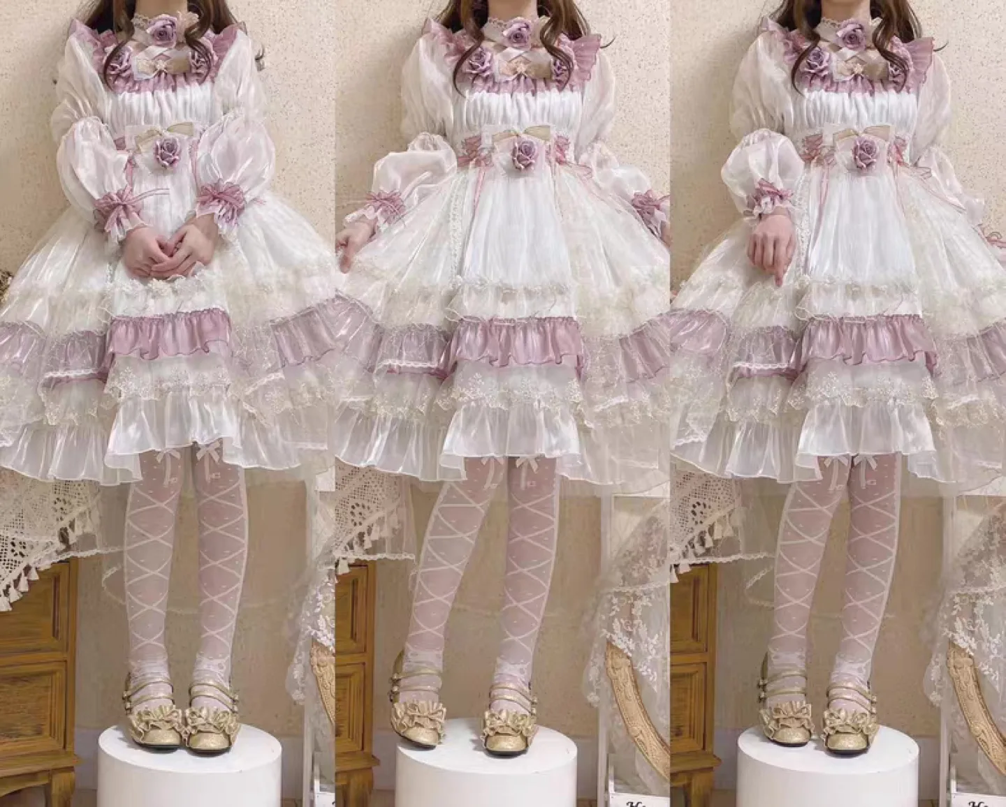 Elegant Lolita Dress, Sweet Rose Print, White and Purple image indicator(3)