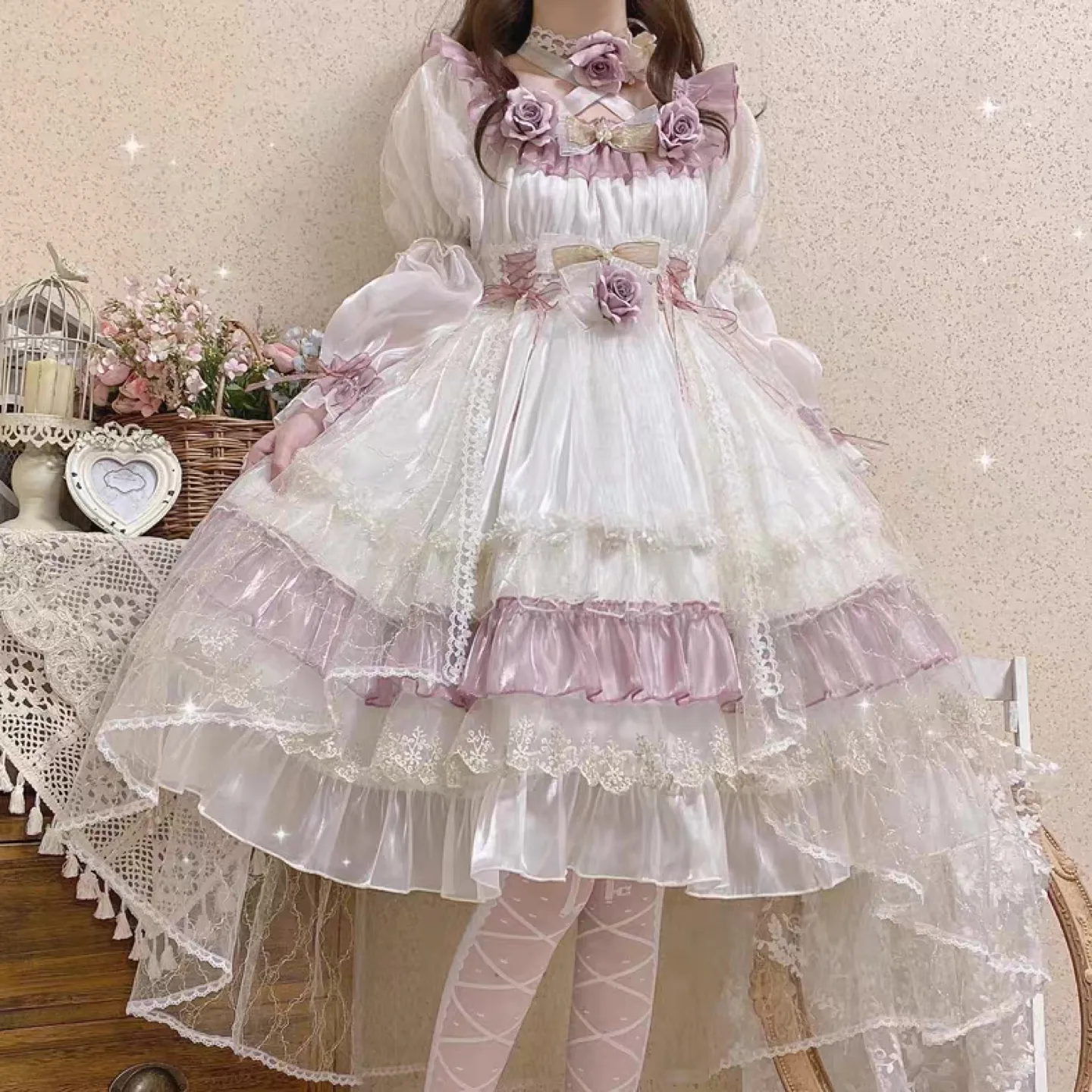 Elegant Lolita Dress, Sweet Rose Print, White and Purple image indicator(2)