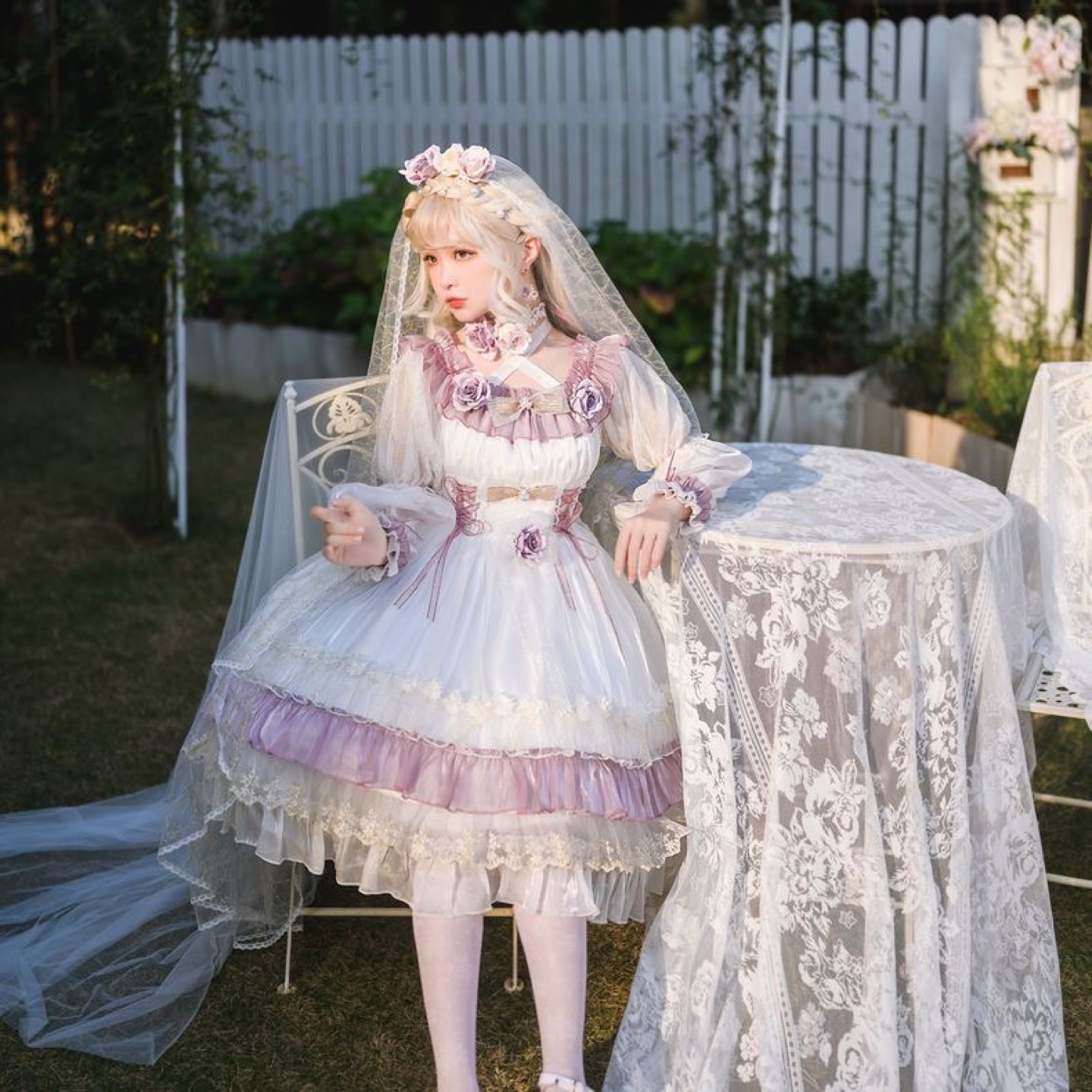 Elegant Lolita Dress, Sweet Rose Print, White and Purple