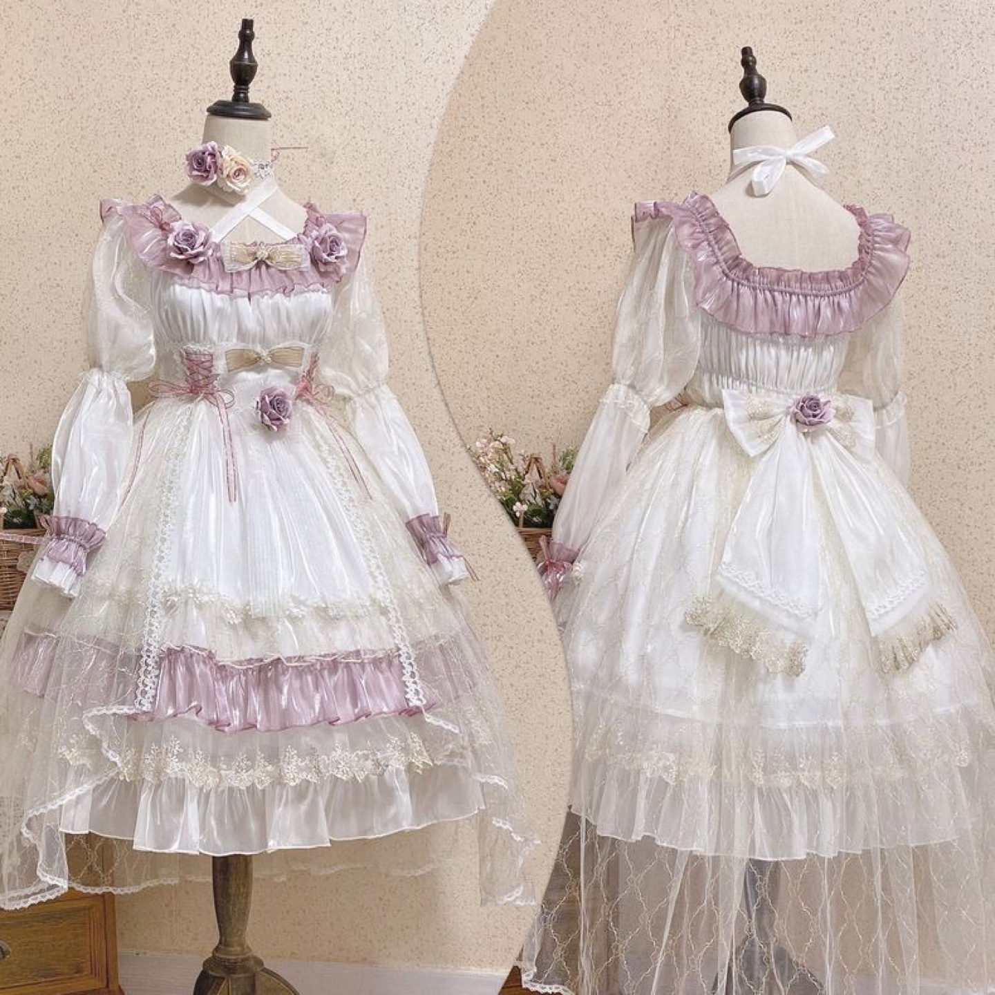 Elegant Lolita Dress, Sweet Rose Print, White and Purple - photo 5