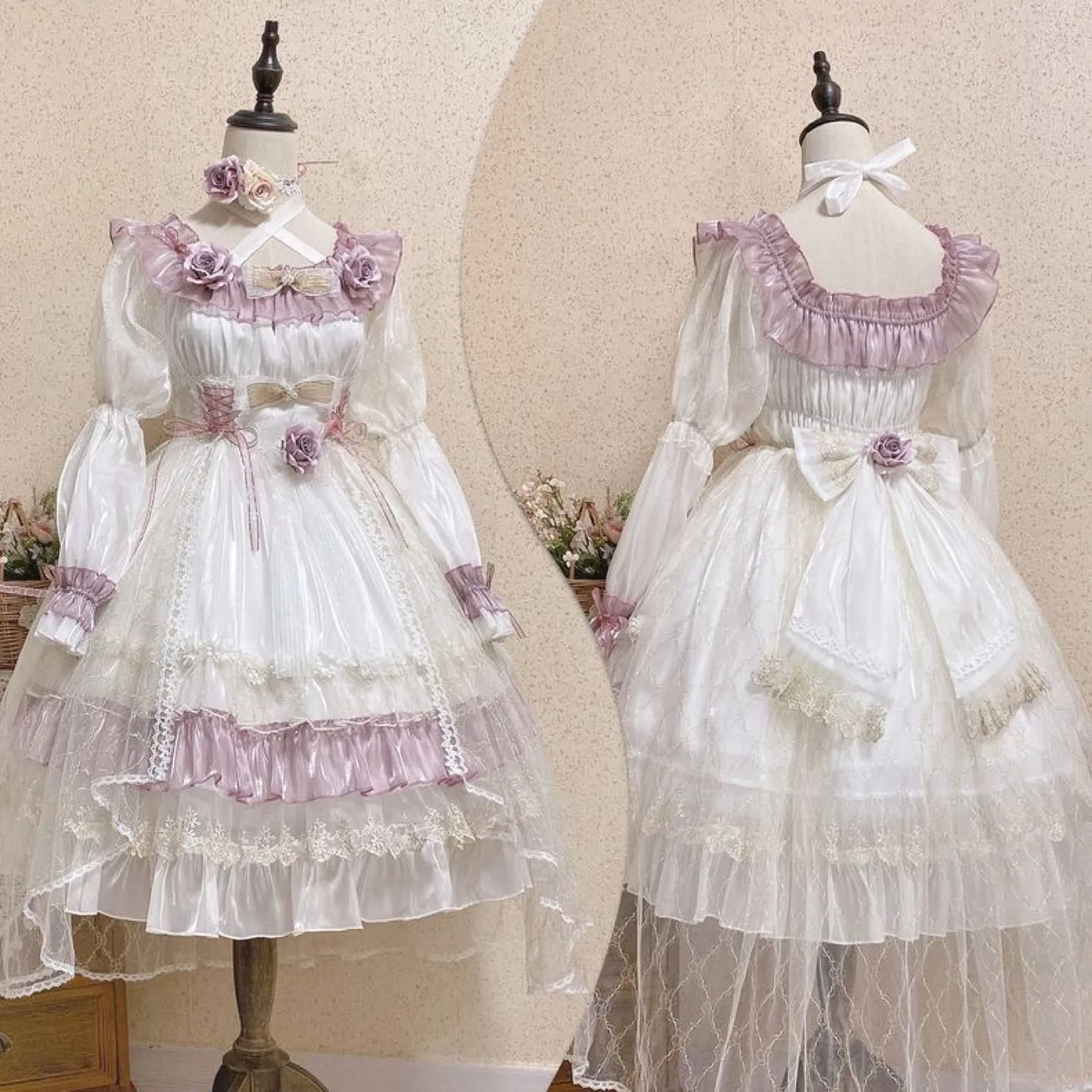 Elegant Lolita Dress, Sweet Rose Print, White and Purple image indicator(5)