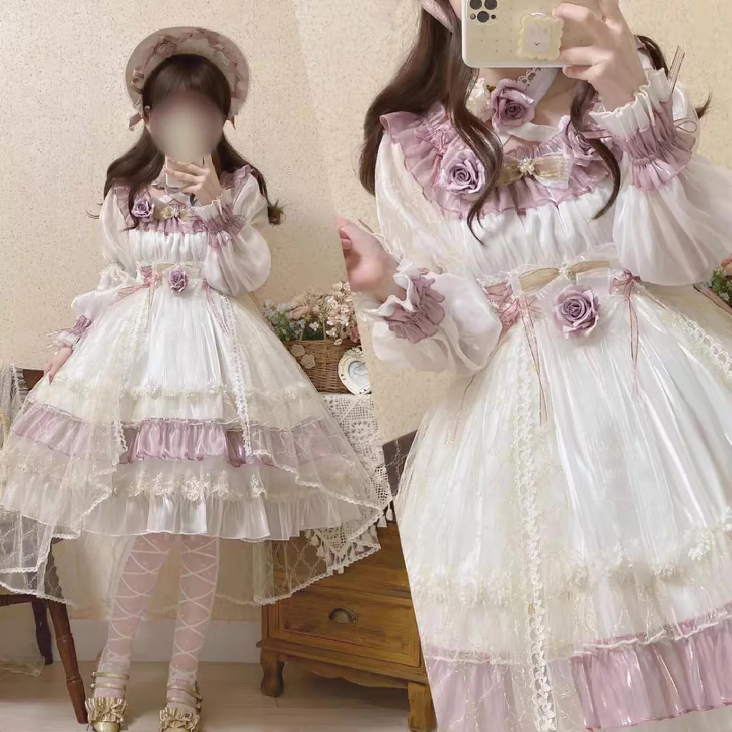 Elegant Lolita Dress, Sweet Rose Print, White and Purple image indicator(4)