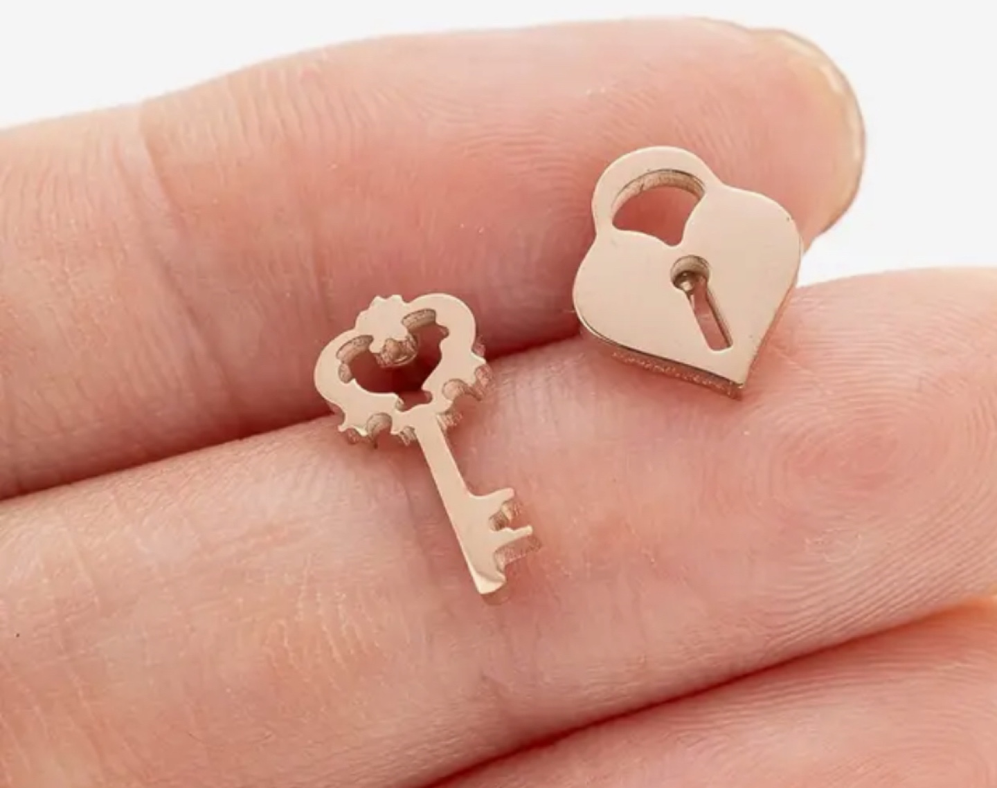 New Rose Gold tone Key and Heart Lock Earrings