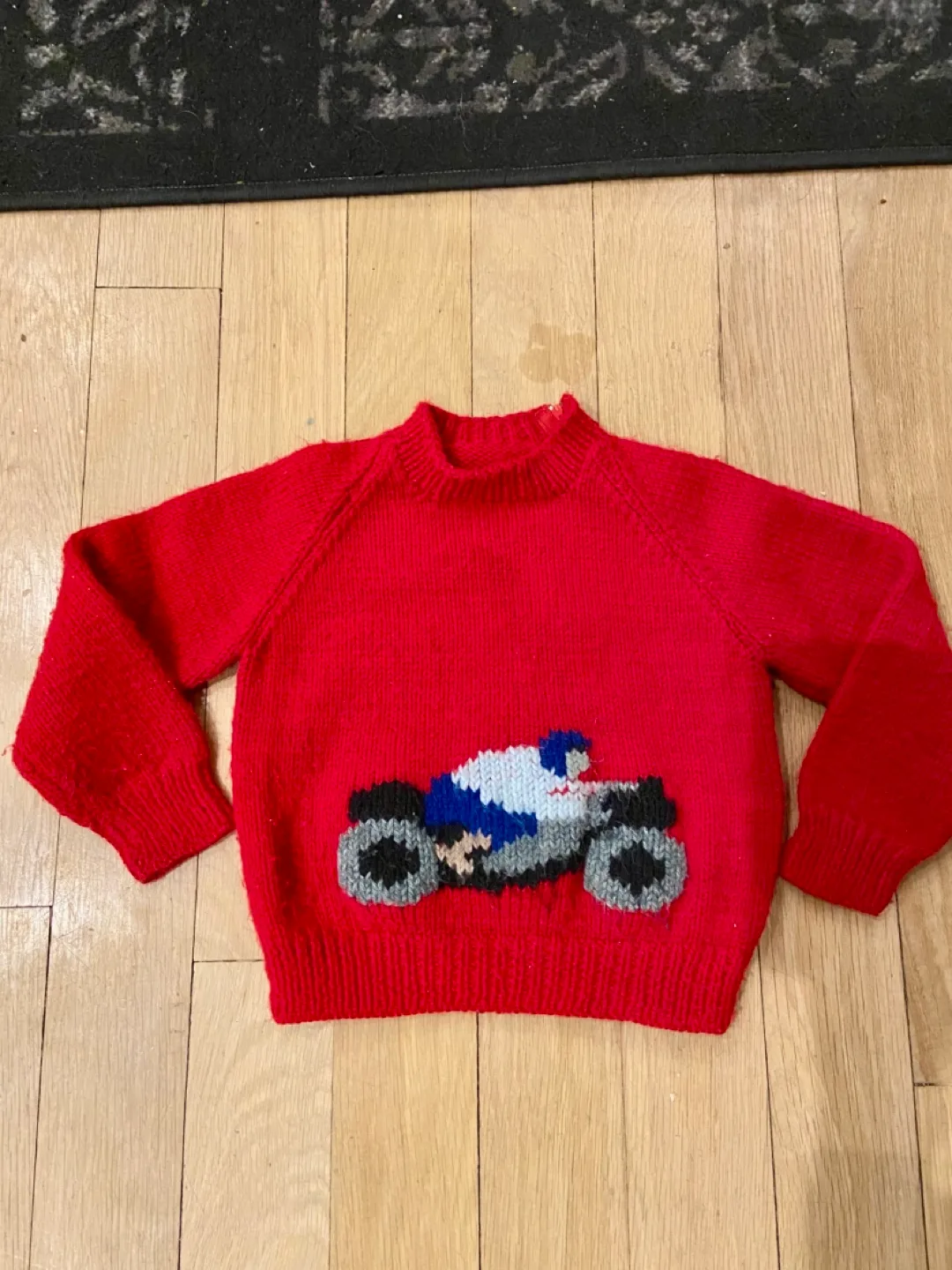 Vintage Red Hand Knit Baby Sweater with Motorcycle Design image indicator(2)
