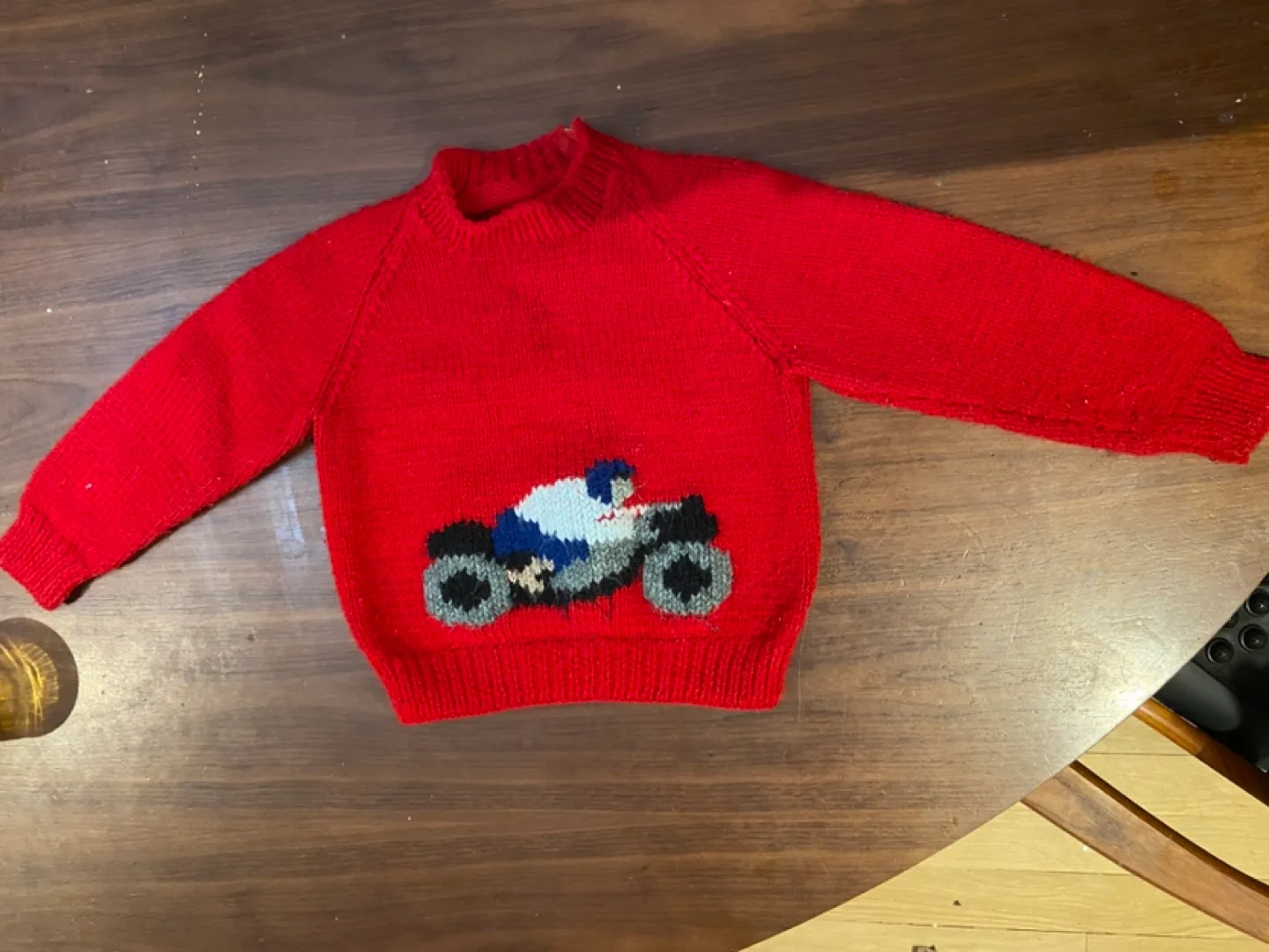 Vintage Red Hand Knit Baby Sweater with Motorcycle Design image indicator(3)
