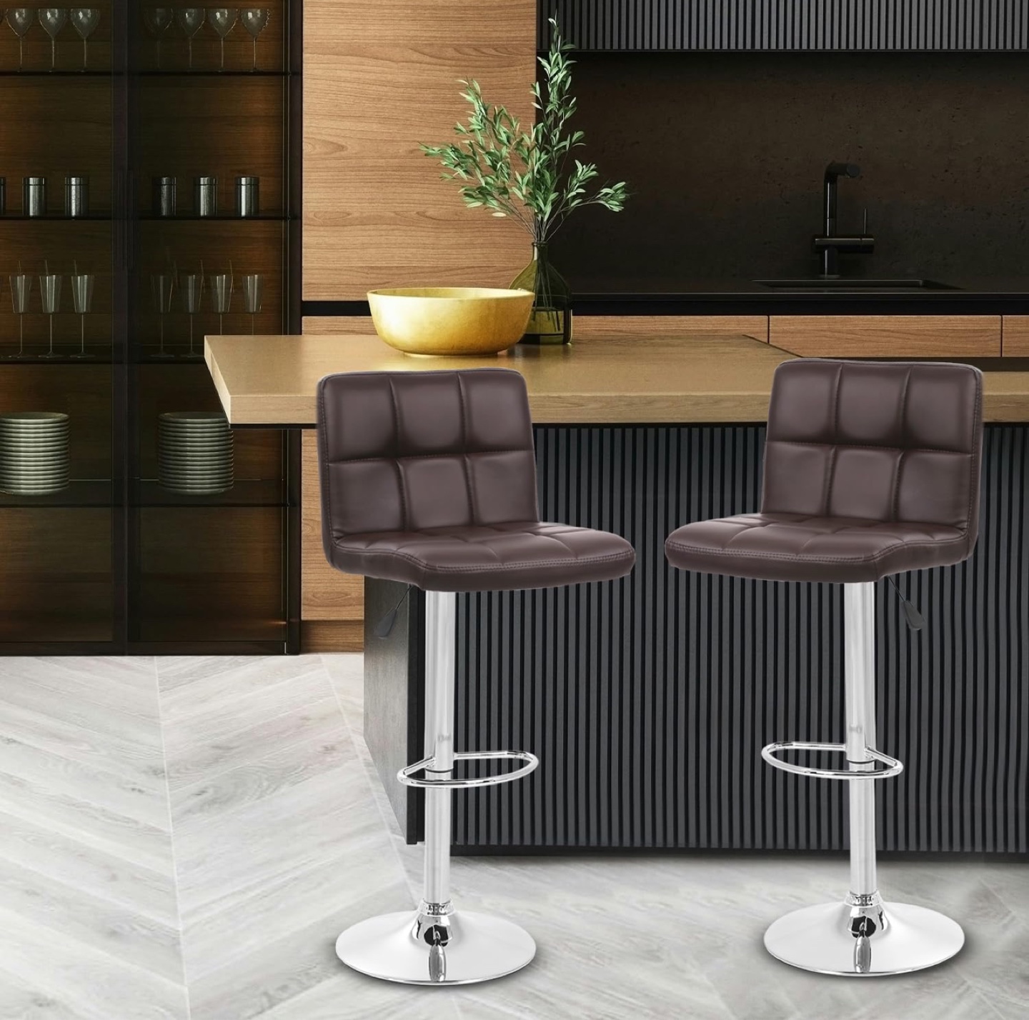 New Pair of Brown Leather Bar Stools