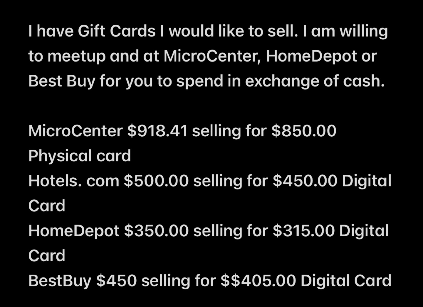 Gift Cards for Sale  please read