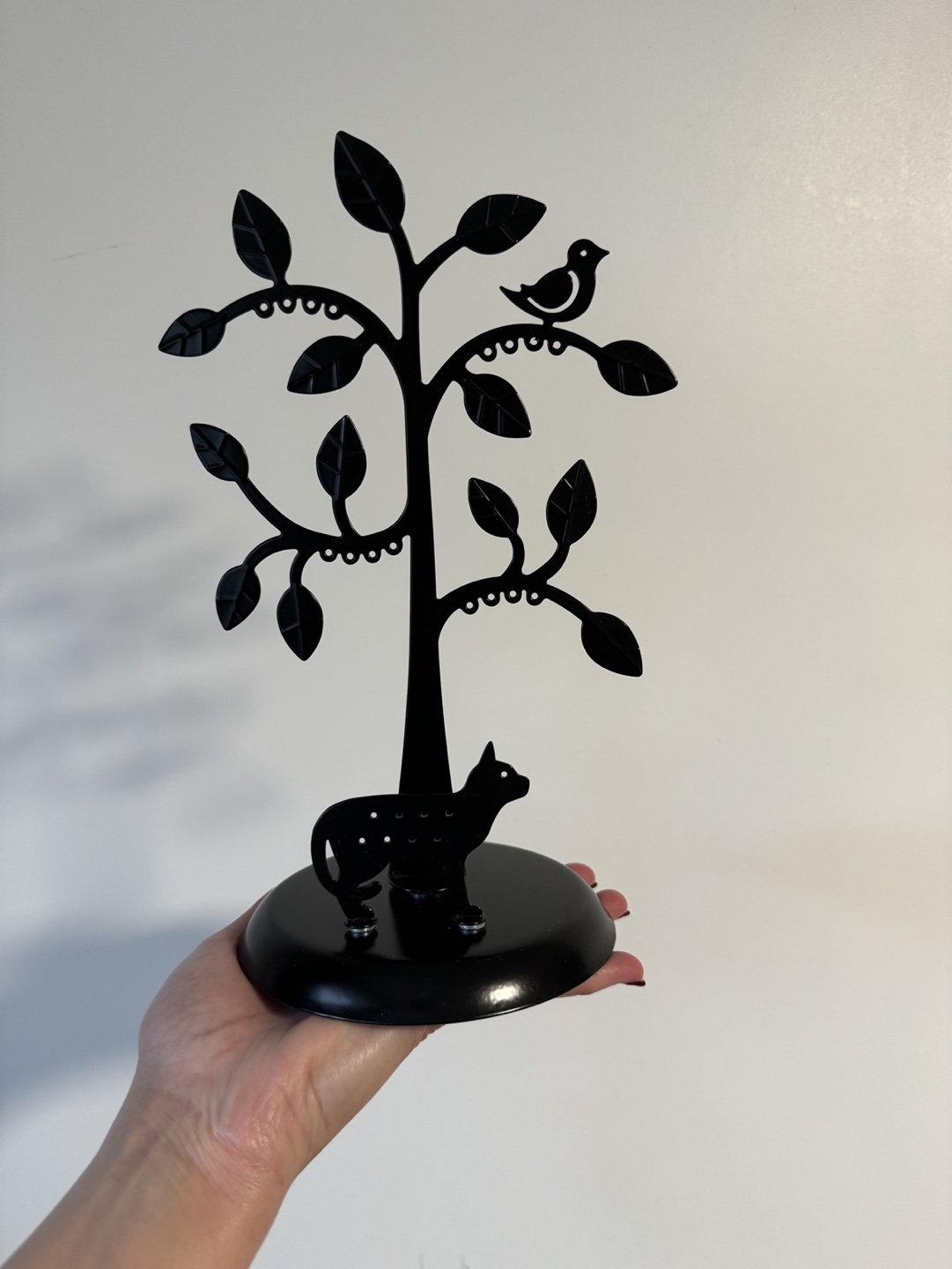 Black Metal Jewellery Tree Stand with Cat and Bird