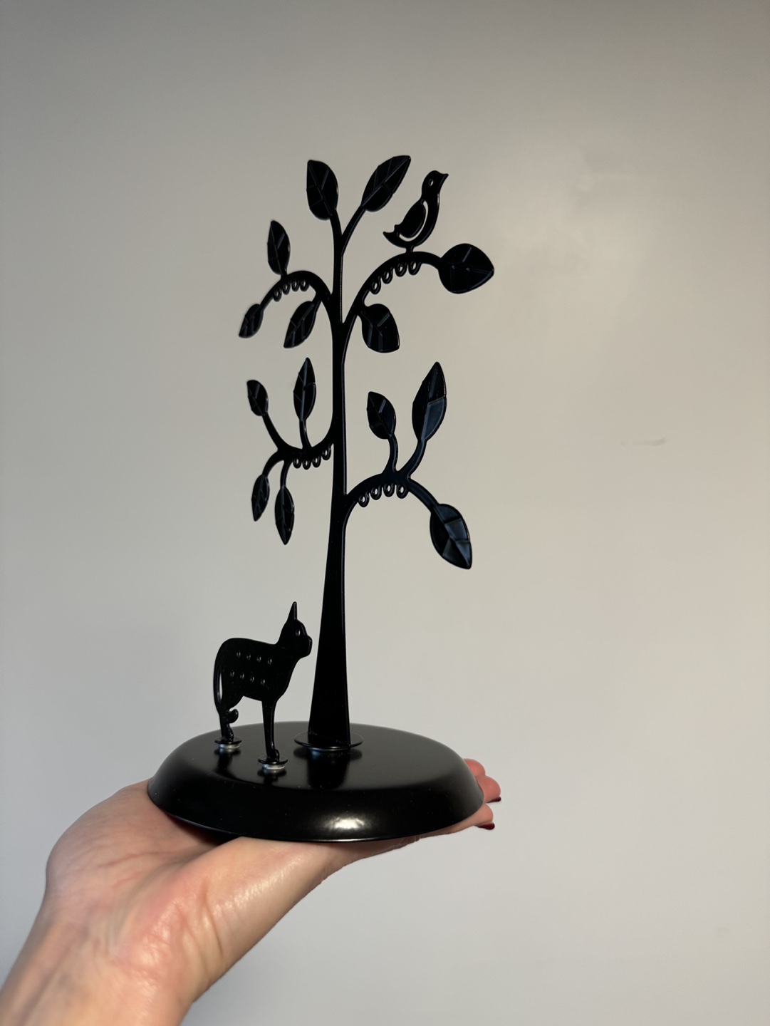 Black Metal Jewellery Tree Stand with Cat and Bird - photo 2