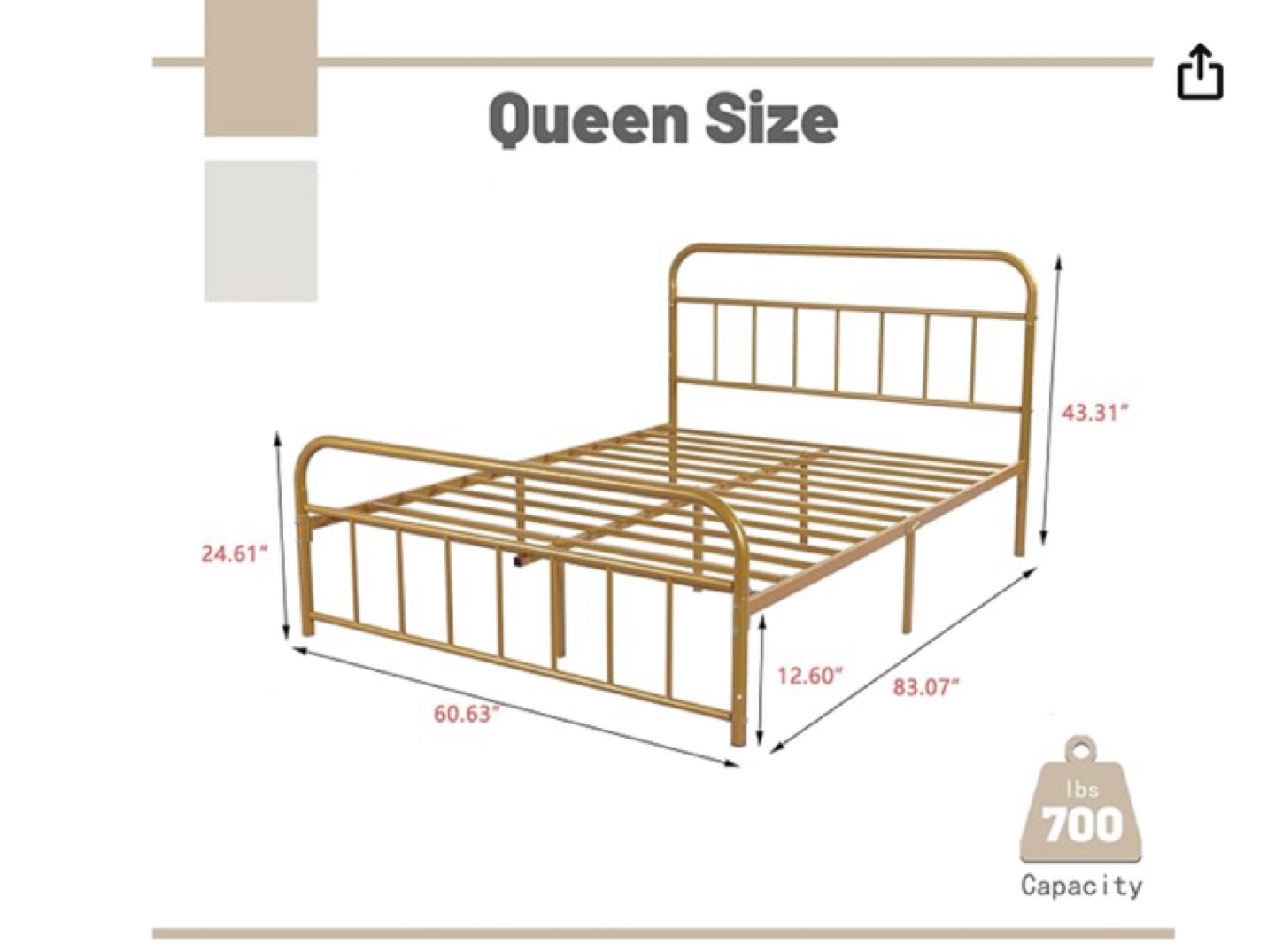 Queen Metal Bed Frame - Gold