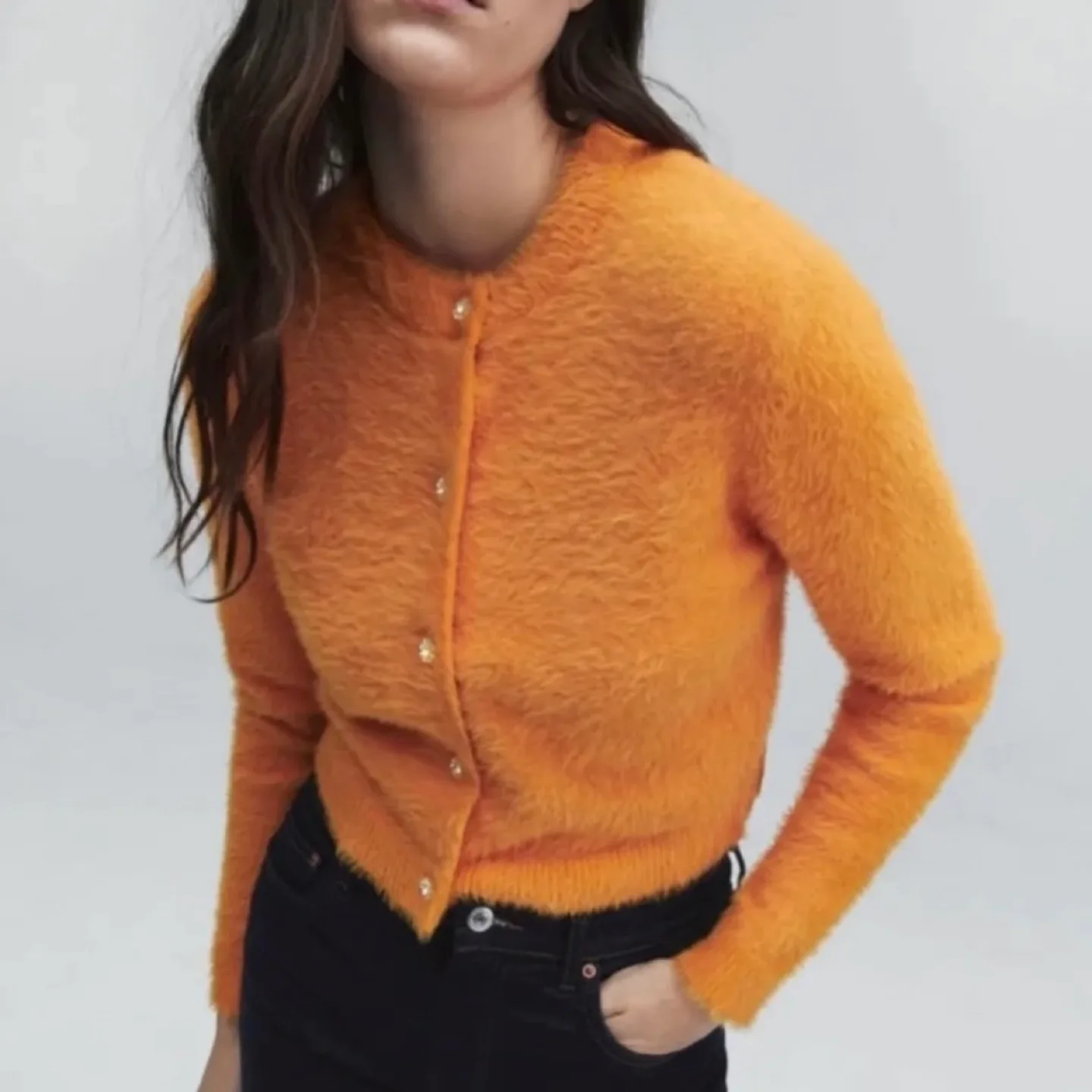 Zara Super Soft Orange Fuzzy Cardigan in Mint Condition image indicator(2)