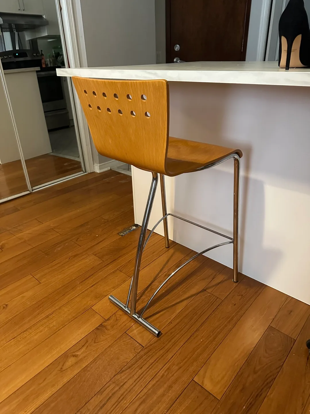 Pair of Modern Wood and Chrome Bar Stools image indicator(2)