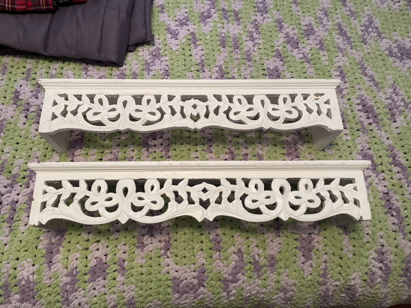 Pair of White Wooden Shelves with Carved Detail