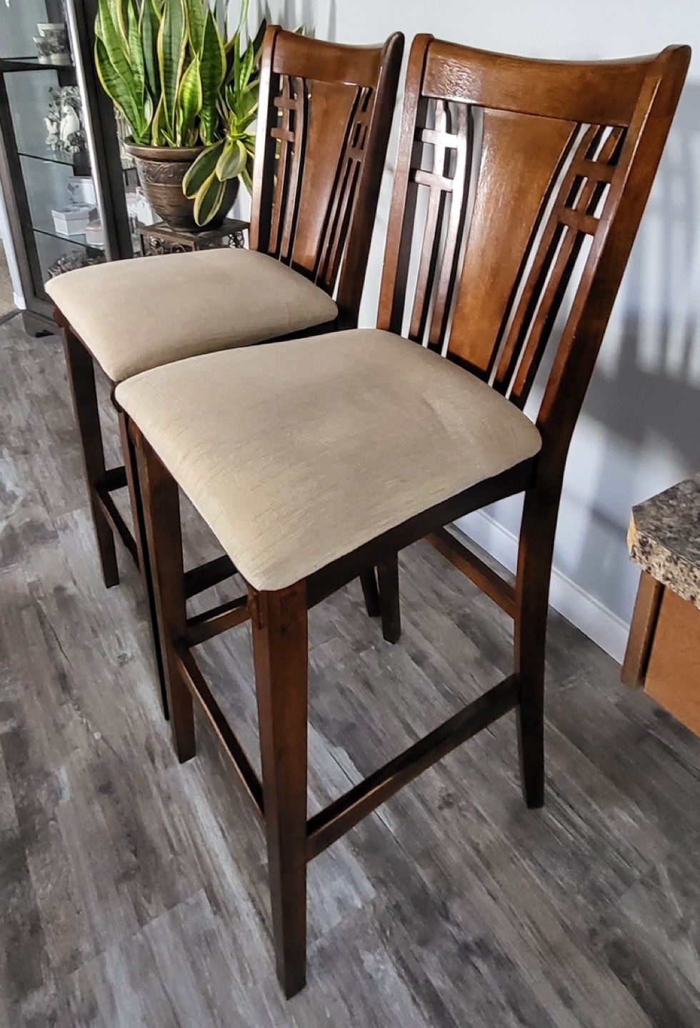 Pair of Dark Brown Wooden Bar Stools with Beige Cushions - photo 2
