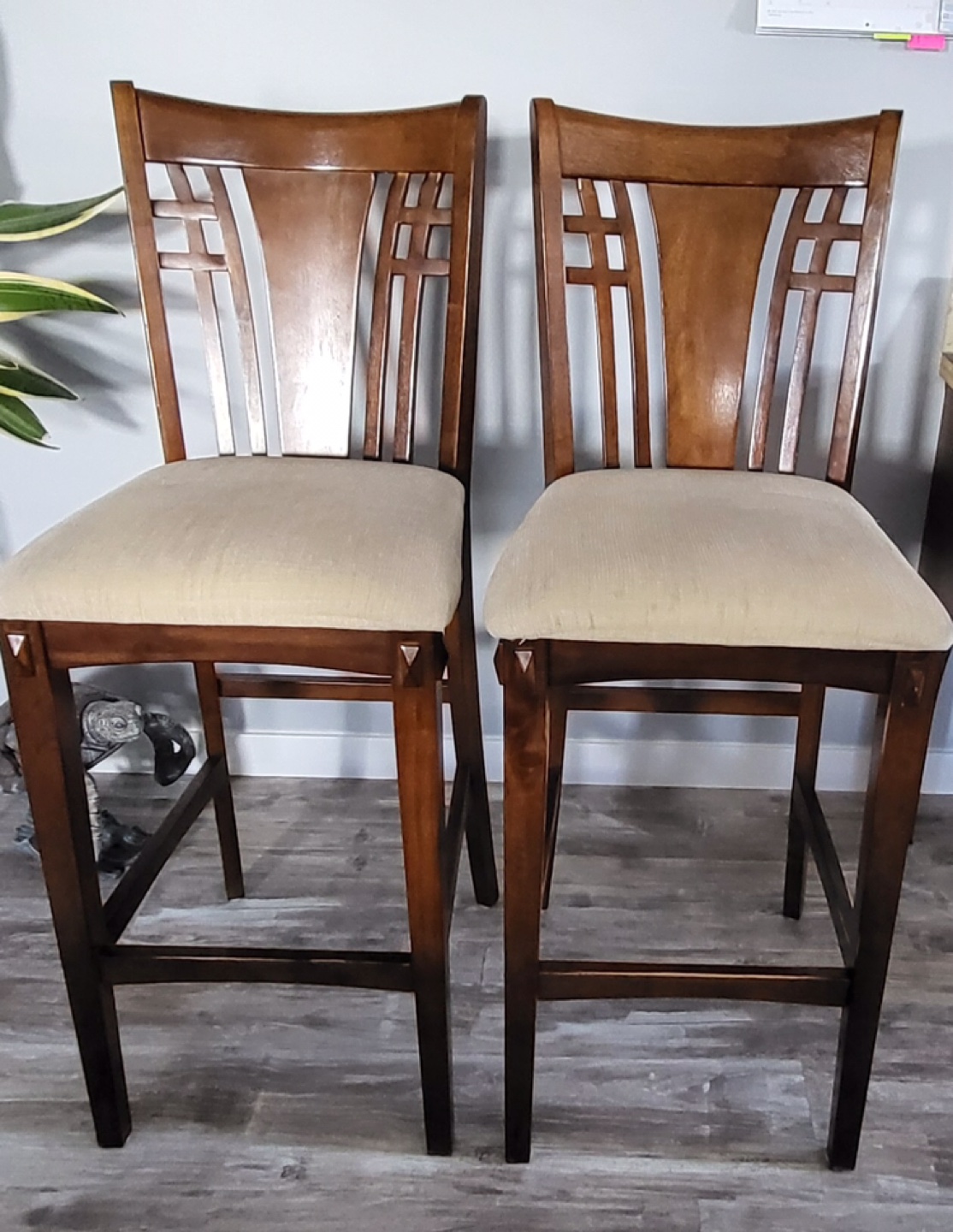 Pair of Dark Brown Wooden Bar Stools with Beige Cushions