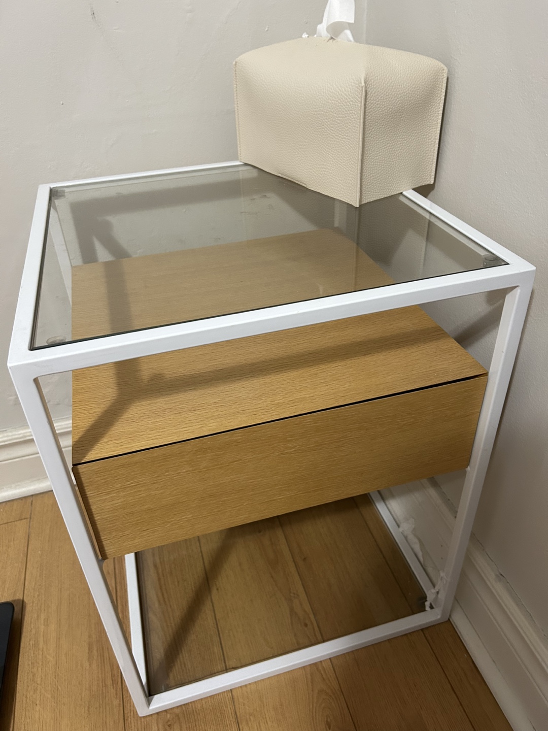 Structube - Modern White & Oak Nightstand with Glass Top - photo 2